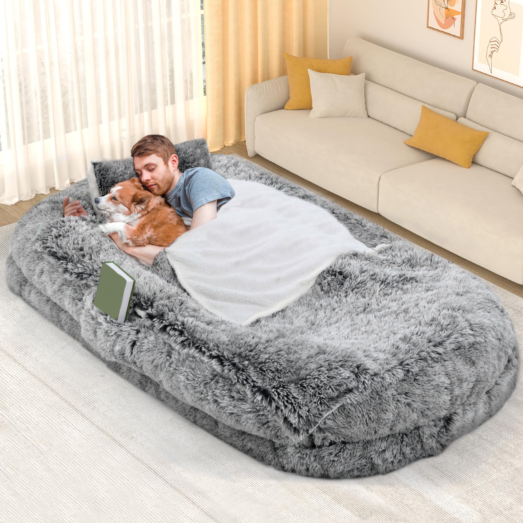YITAHOME Human Dog Bed, 79x43 Extra Large Memory Foam Dog Beds for Adults and Pets with Blanket and Pillow, Washable Fur Cover, 