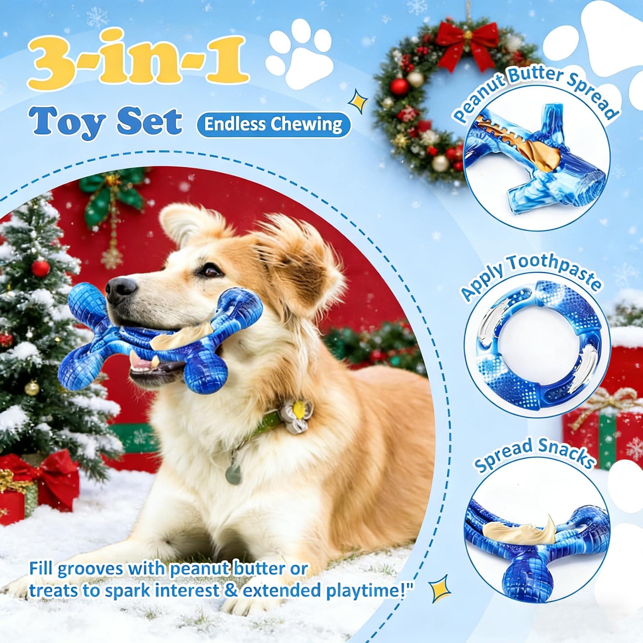 Furdog Dog Chew Toys for Aggressive Chewers - Tough Nylon Bacon Flavor - 3-Pack - Blue - Ideal for Large, Medium, Small Breeds