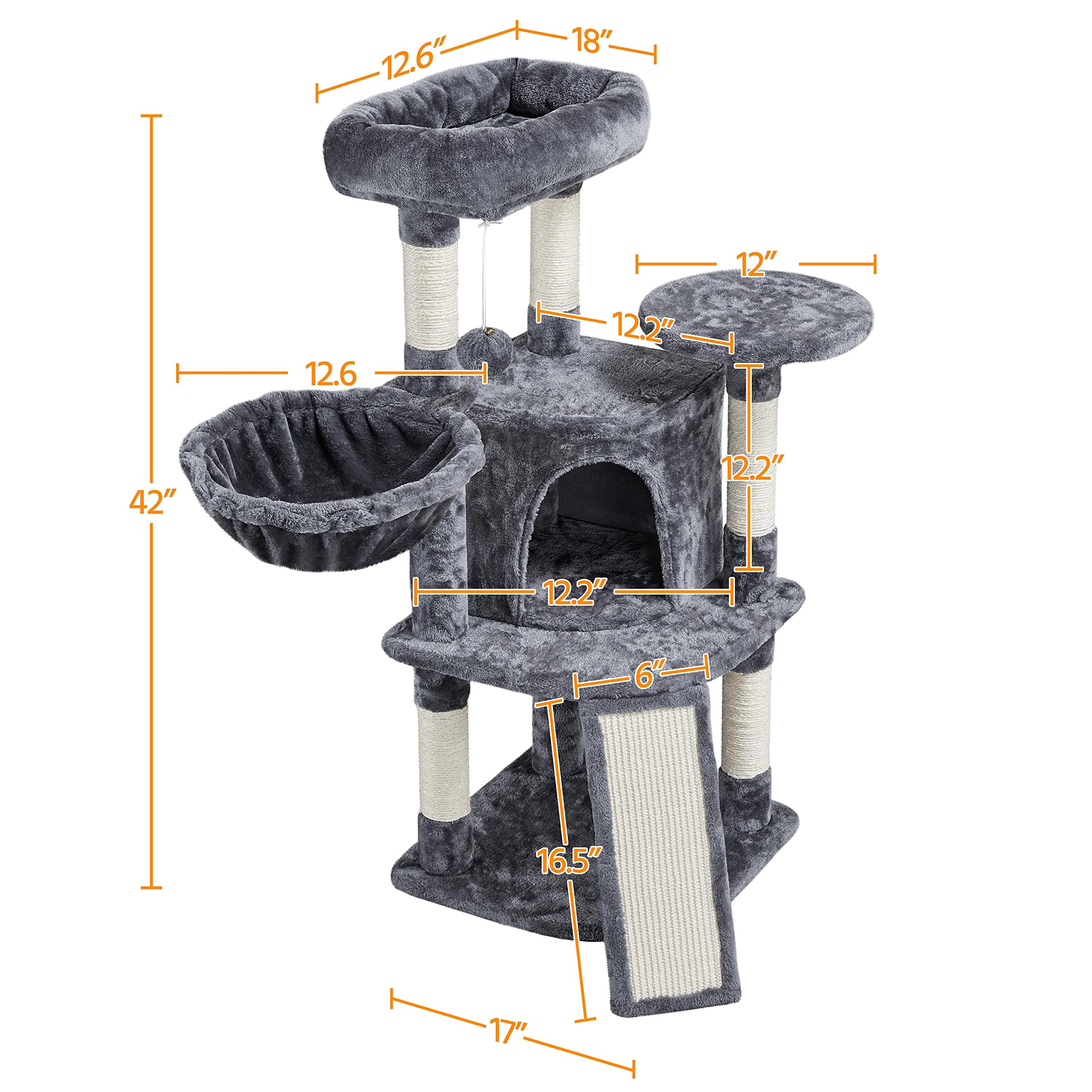 Topeakmart Cat Tree, 42In Multi-Level Cat Furniture With Perch, Scratching Posts, Hammock & Condo, Dark Gray