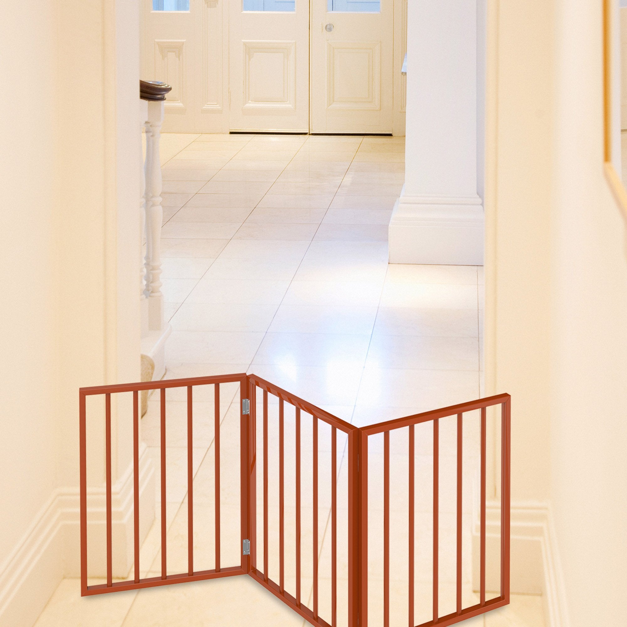 Pet Gate - 3-Panel Indoor Foldable Dog Fence For Stairs Or Doorways - 54X24-Inch Retractable Wood Freestanding Dog Gates By Petmaker (Mahogany)