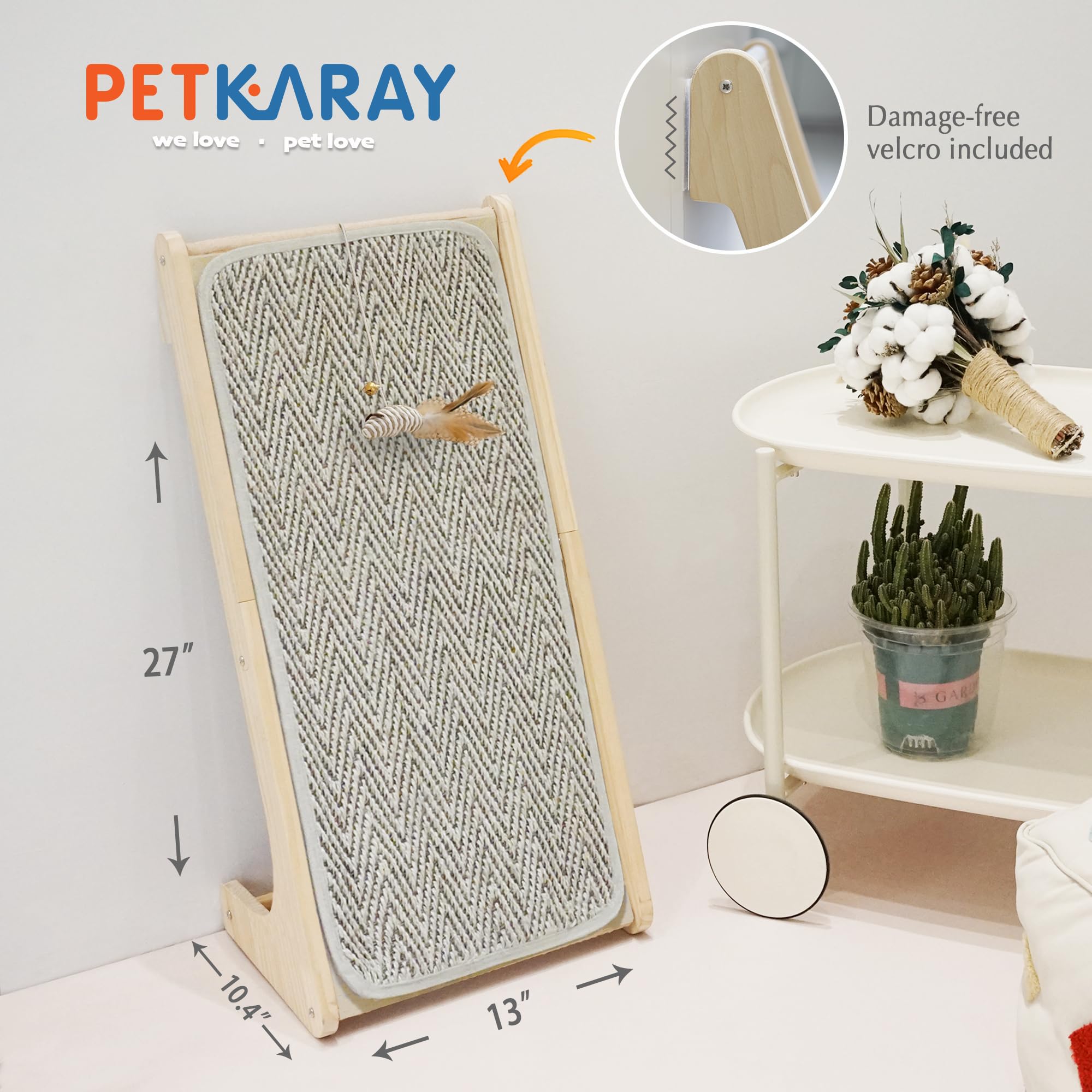 PETKARAY Cat Scratcher, Sisal Cat Scratching Ramp, L Shape Scratch Board for Indoor Kitty, 27 Wall Furniture Protector with Mous