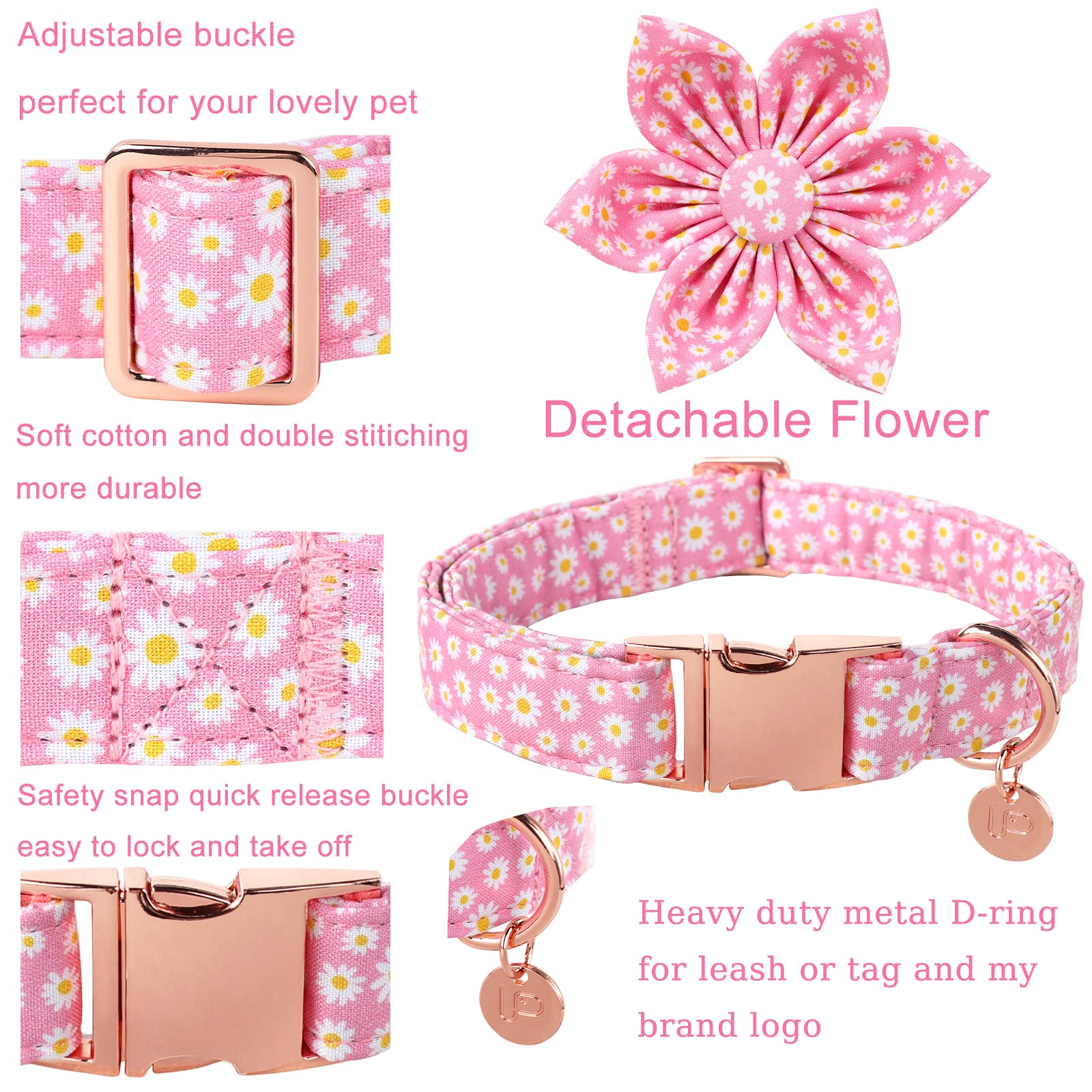Up Urara Pup Summer Dog Collar With Flower, Cotton Cute Flower Dog Collar, Pink Flower Collar For Large Boy Girl Dog, Comfortabl