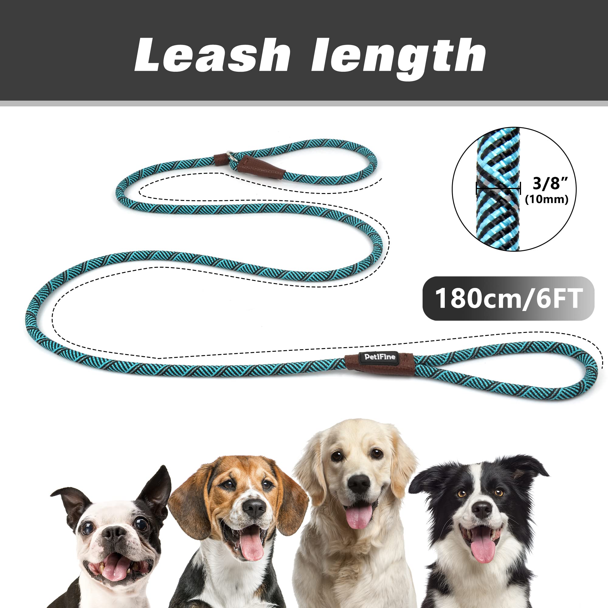 Petifine Slip Lead 6Ft X 3/8' Reflective Durable Dog Training Leash, Heavy Duty Adjustable Nylon Dog Rope Leash For Small Mediu