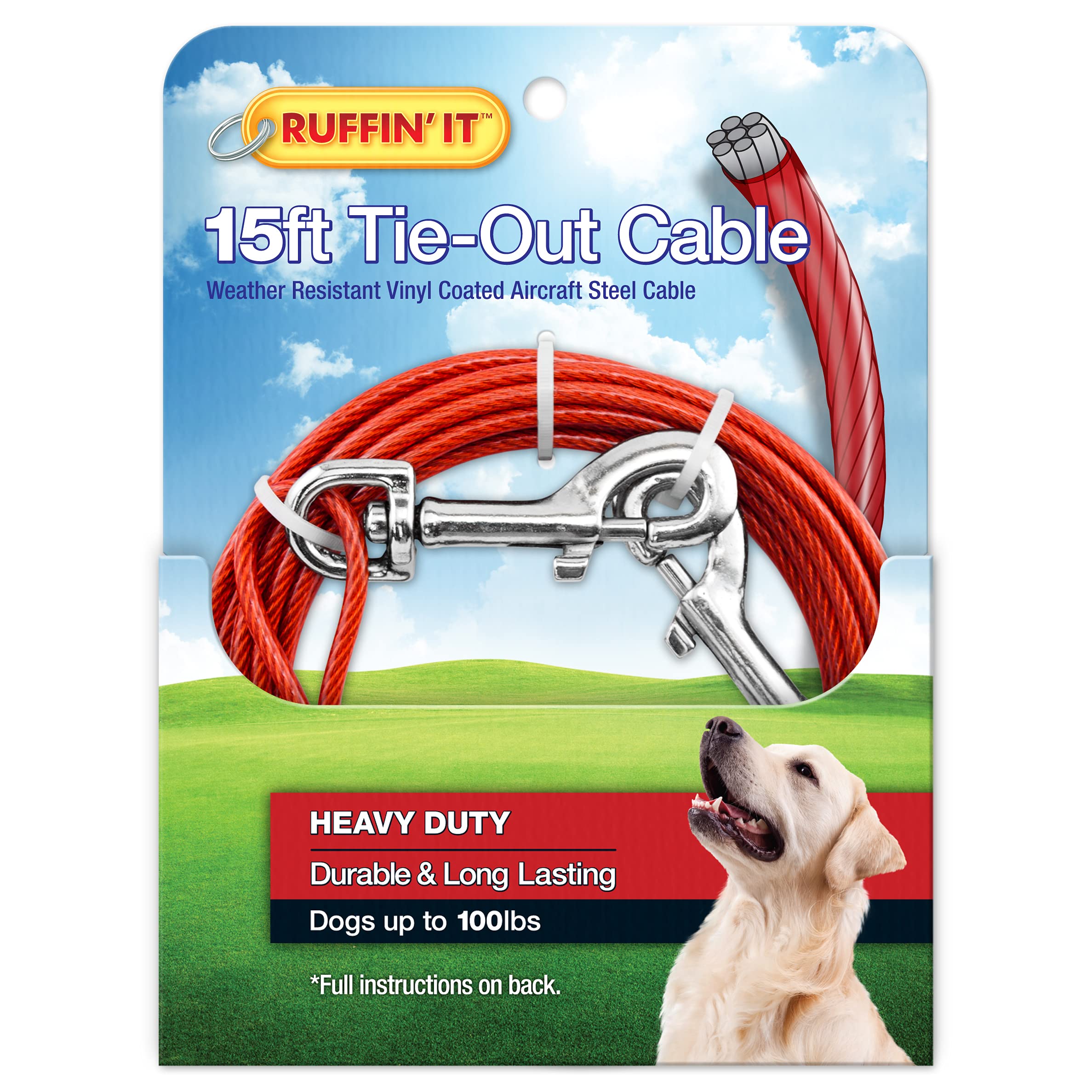 Ruffin' It 15 Ft. Heavy Duty Cable Tie-Out For Dogs, 1700# Strength Up To 100 Lbs