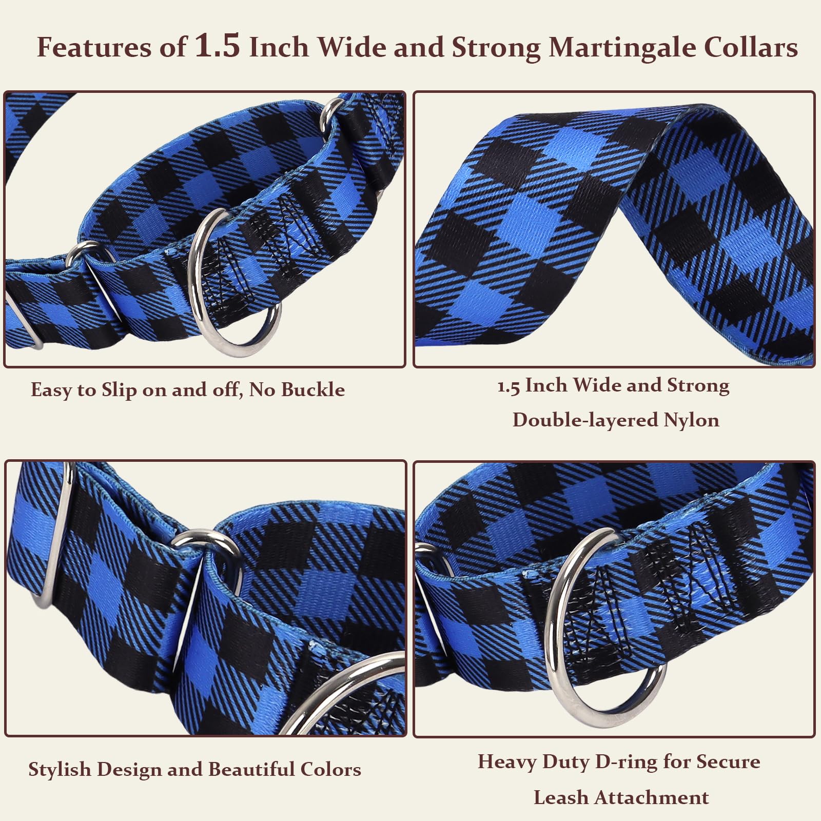 Wide Martingale Collar For Dogs Large Medium Extra Large With Blue Plaid Design, No Pull Choke Cinch Escape Proof Training Colla