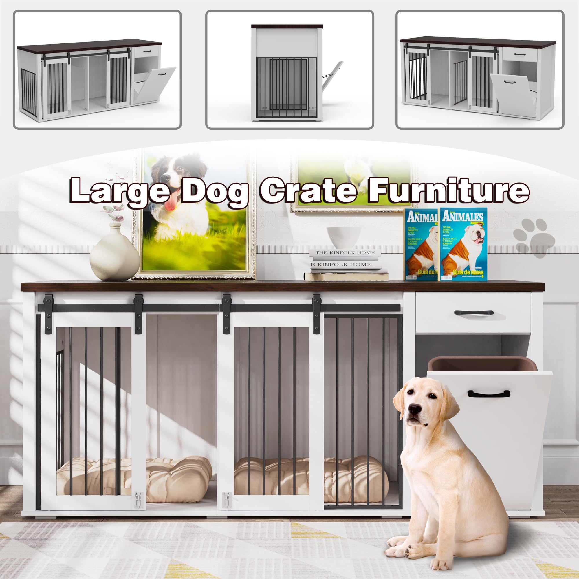 YOCONYO Large Dog Crate Furniture Large Breed,71 Inch Wooden Dog Crate with Tilt Out Trash Cabinet,Drawers,Divider and Sliding B