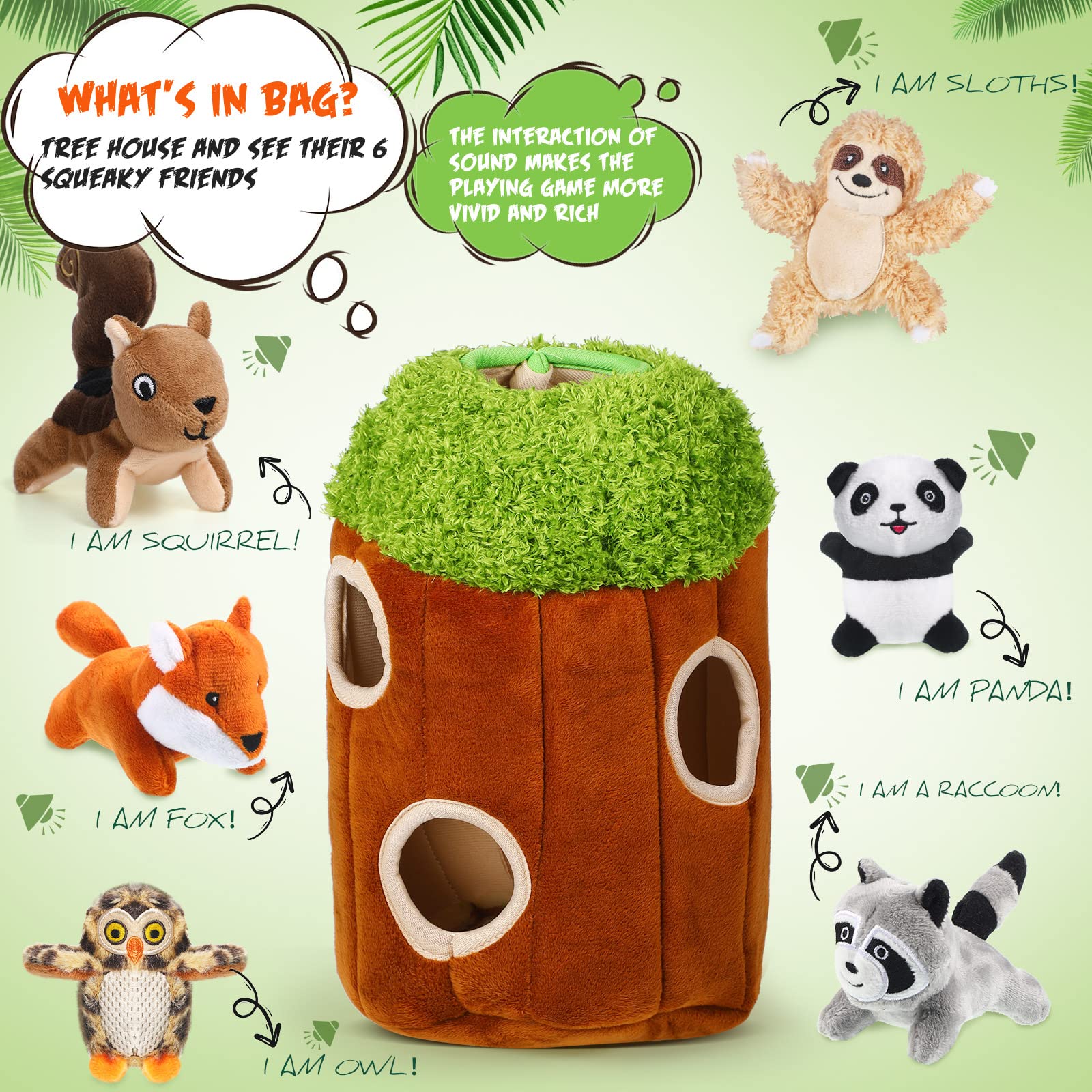 7 Pieces Dog Hide and Seek Toys Activity Puppy Chew Squeaky Toys Plush Stuffing Woodland Friends Stuffing with Squeakers for Sma