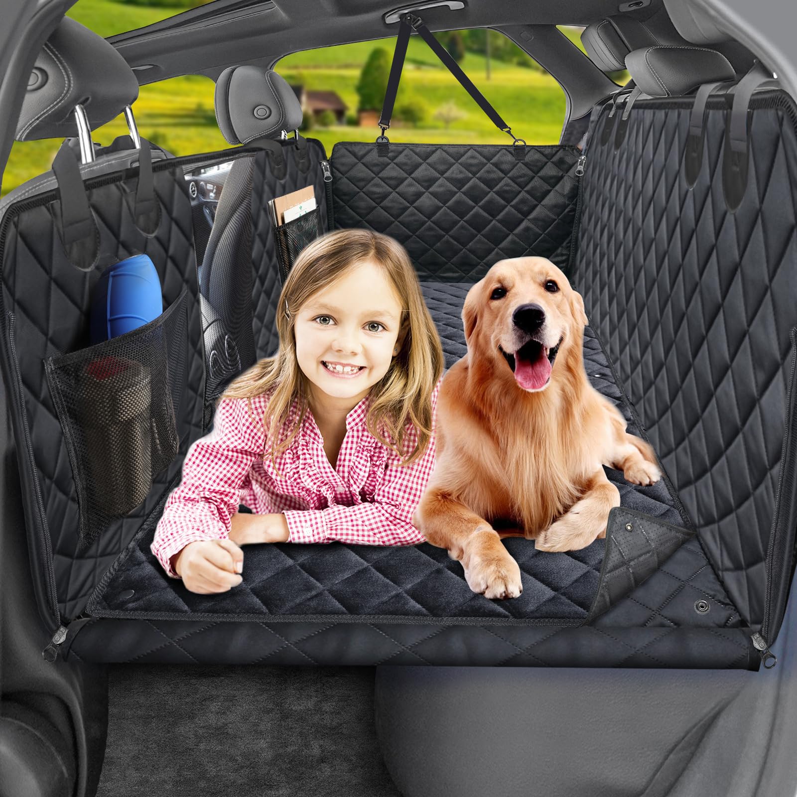 Urpower Back Seat Extender For Dogs, Hard Bottom Dog Car Seat Cover With Soft Removable Blanket Non-Slip Dog Car Bed Waterproof Dog Hammock For Car Pet Backseat Protector With Mesh Window For Car, Suv
