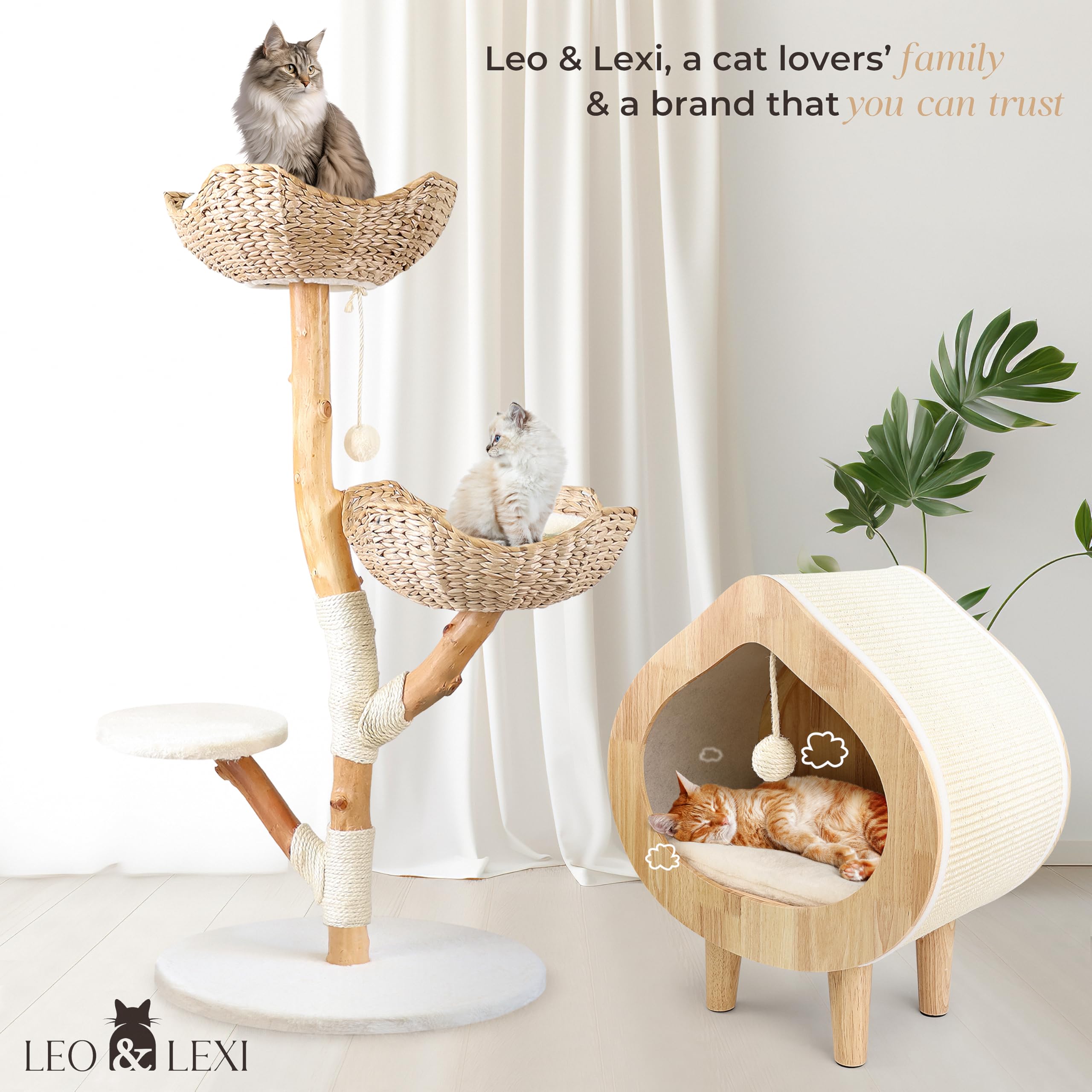 Real Wood Modern Cat Tree Tower, Cat Scratching Post With Bed For Indoor Cats Large Adult, Solid Wooden Climbing Tower, Cute Wic