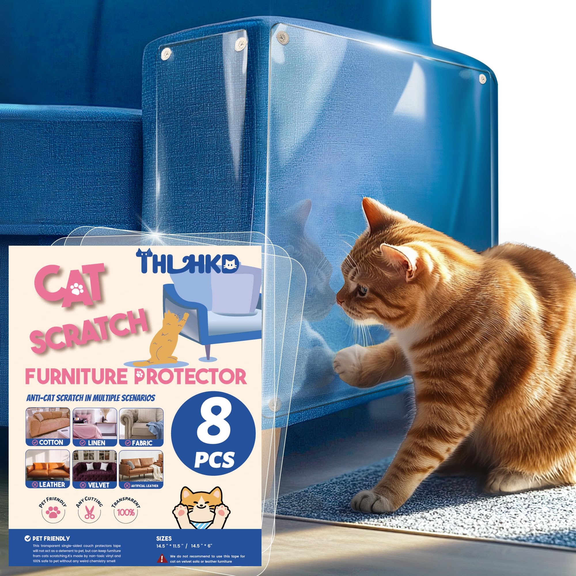 Thlhkd Cat Scratch Furniture Protector: 8 Pcs Couch Protectors Tape From Cats Claws Scratching Single Sided Clear Sticky Sheets 