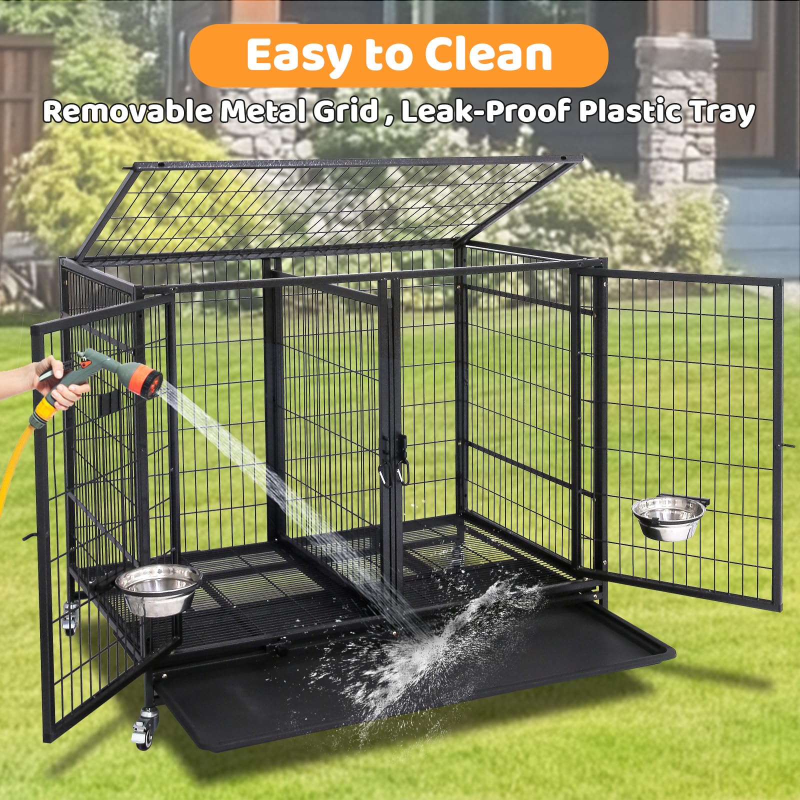 Homey Pet 43 Inch Two Tiers Dog Crate Cage Kennel With Divider, Stackable Heavy Duty Dog Crate For Large Dogs, Escape Proof Inde