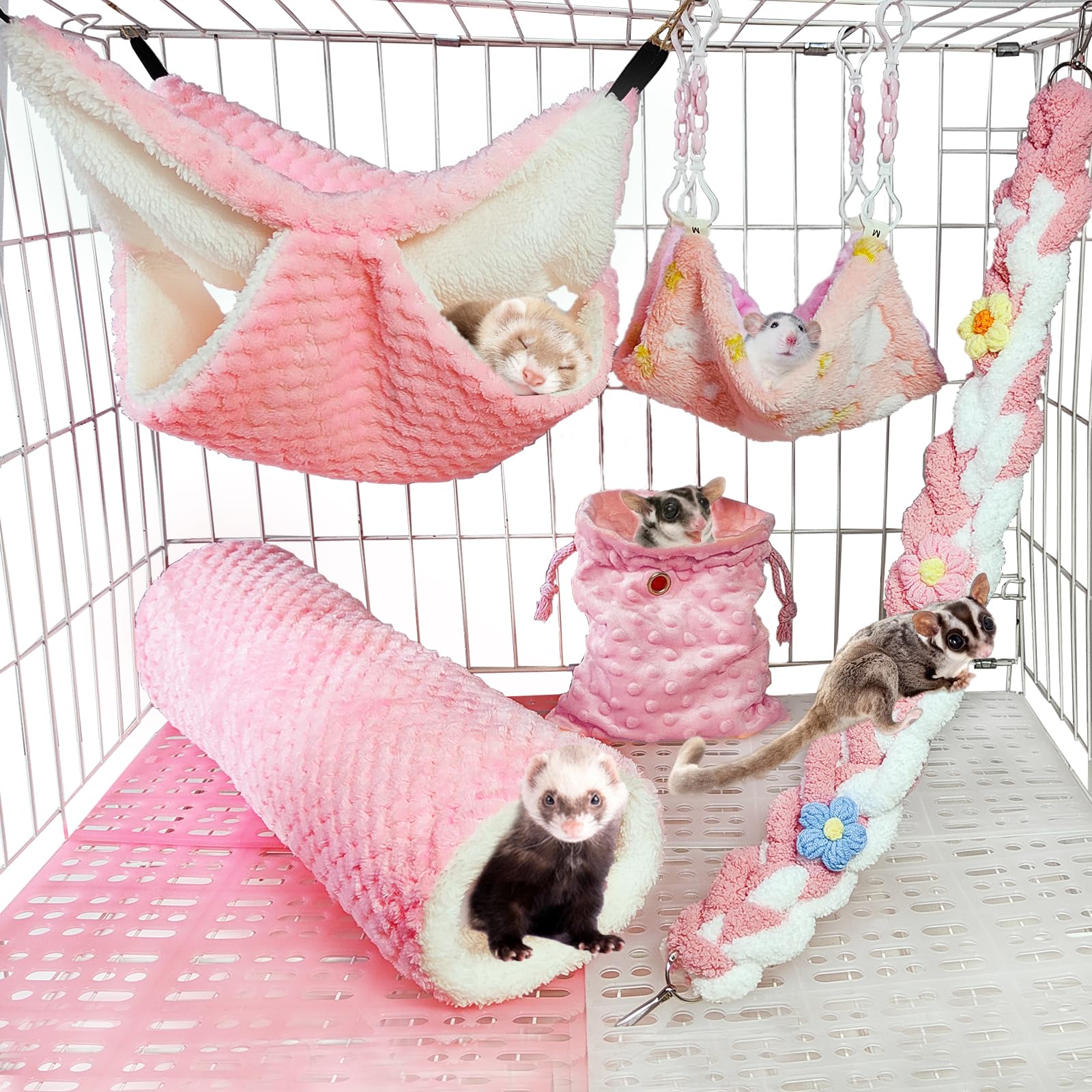 Hamiledyi Ferret Hammock 5 Pack Sugar Glider Climbing Ropes Toys Rat Hanging Tunnel Hammock Swing Squirrel Hideout Bed Cage Acce