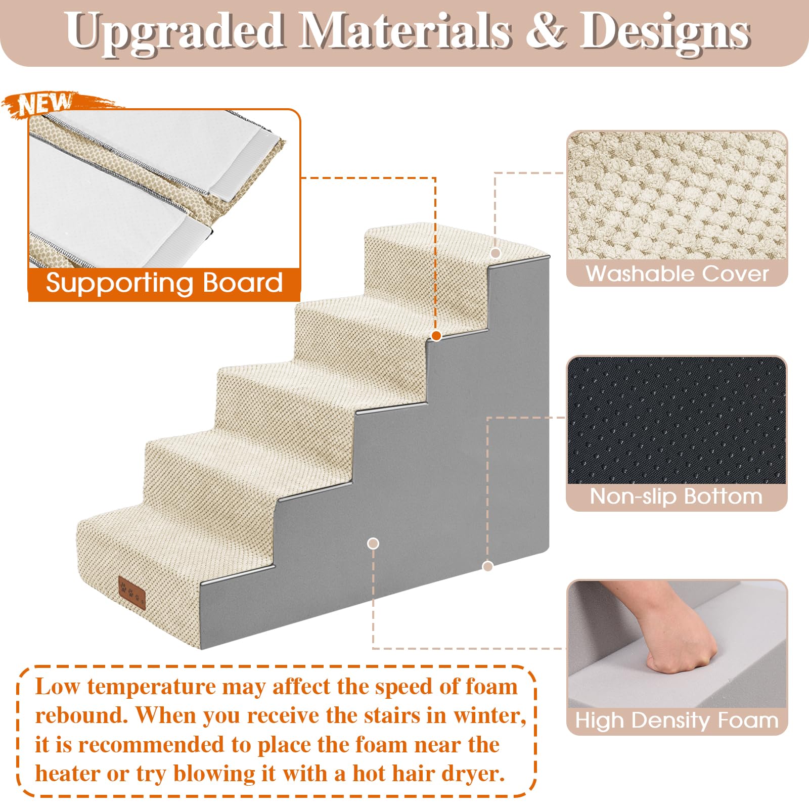 GGIB Dog Stairs for Small Dogs Pet Stairs for Sofa Couch Dog Ramp Pet Steps with Removable Washable Cover, Beige, 22'' H, 5-Step