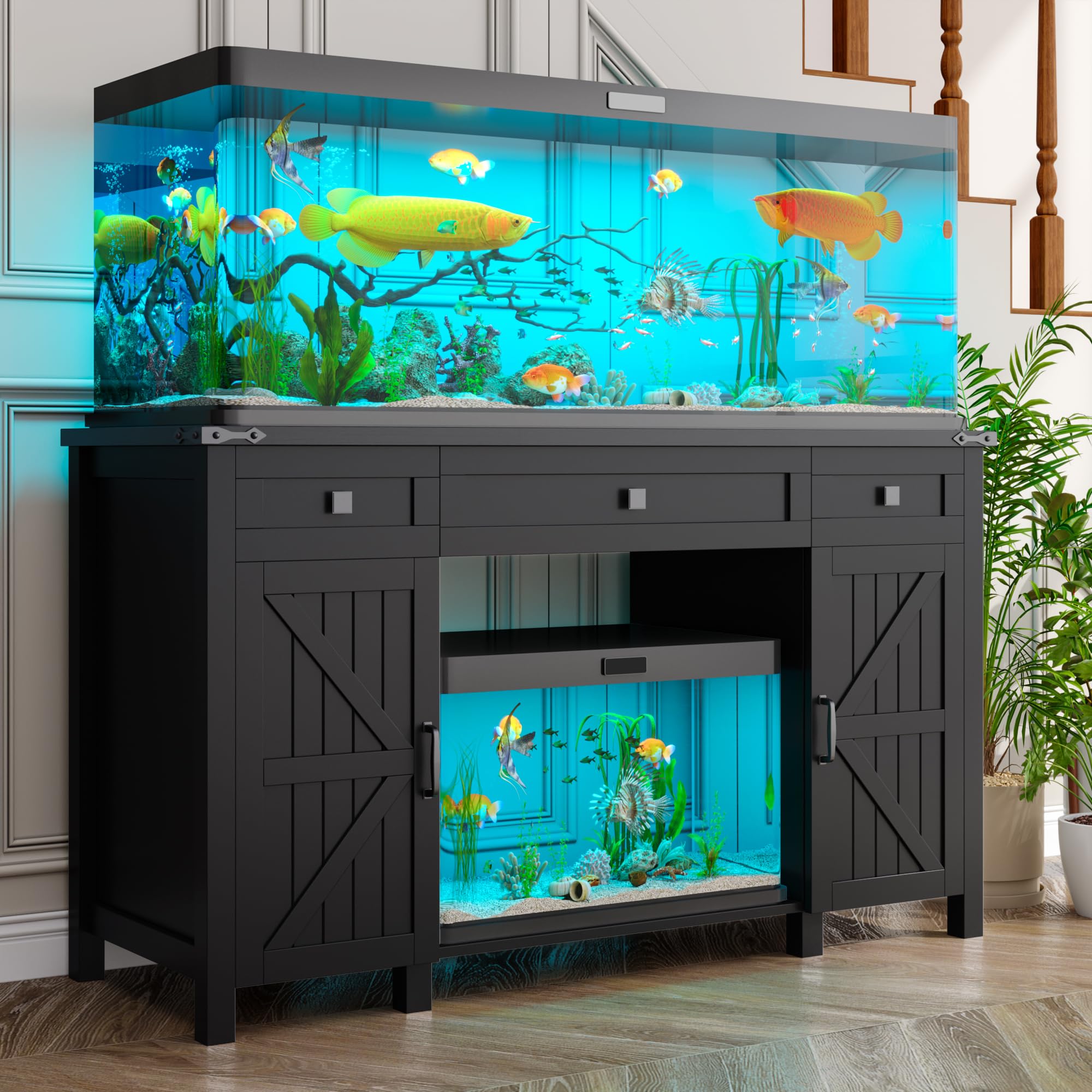 kepptory Farmhouse 55-75 Gallon Fish Tank Stand with Power Outlet, Aquarium Stand with 2 Drawers and Adjustable Shelves, Heavy D