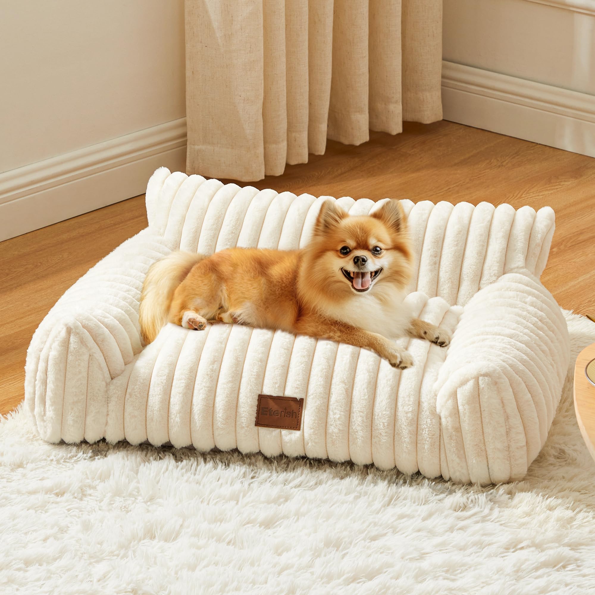 Eterish Cute Dog Couch, Fluffy Pet Couch with Soft Corduroy Fleece, Fuzzy Pet Sofa with Removable Washable Cover, Supportive Dog