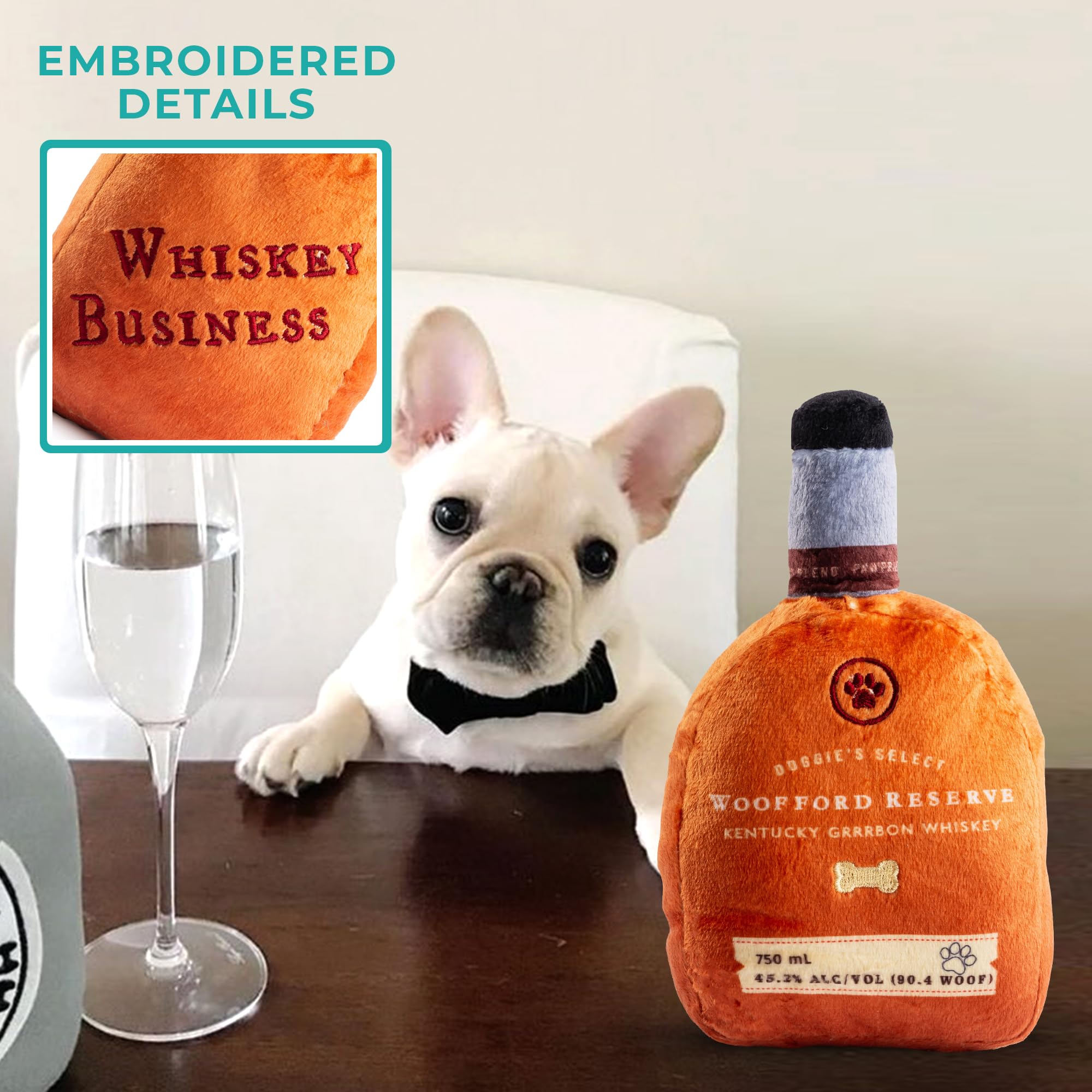 Haute Diggity Dog Woofford Reserve Bourbon Bottle Parody Plush Dog Toy For Medium & Large Dogs, Drink-Inspired Stuffed Dog Toys