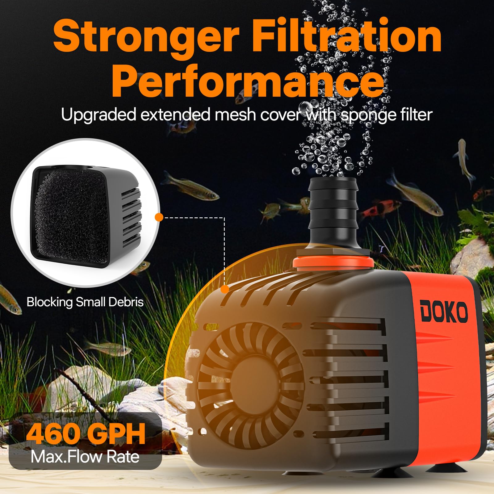 Doko Submersible Water Pump,460GPH Aquarium Water Pump with Extended Mesh Cover and Sponge,Ultra Quiet Pond Pump with 6Ft Power