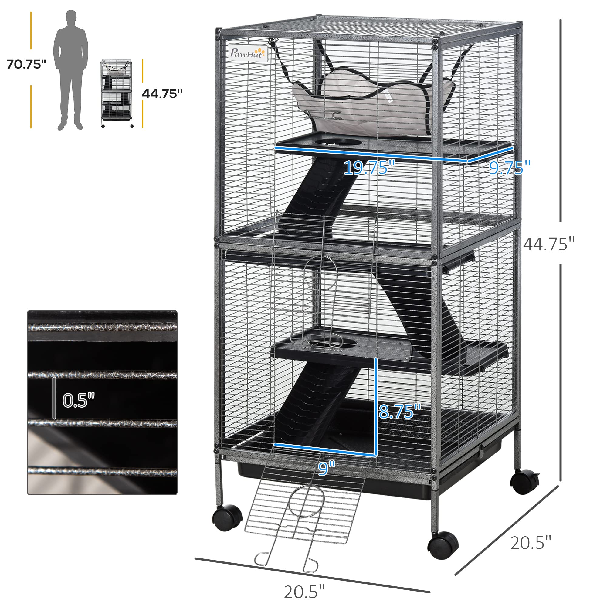 Pawhut Metal Small Animal Cage Rolling Big Ferret Cage, Chinchilla Cage, Sugar Glider Cage, With Hammock & 4 Tiers, Removable Tray, Gray