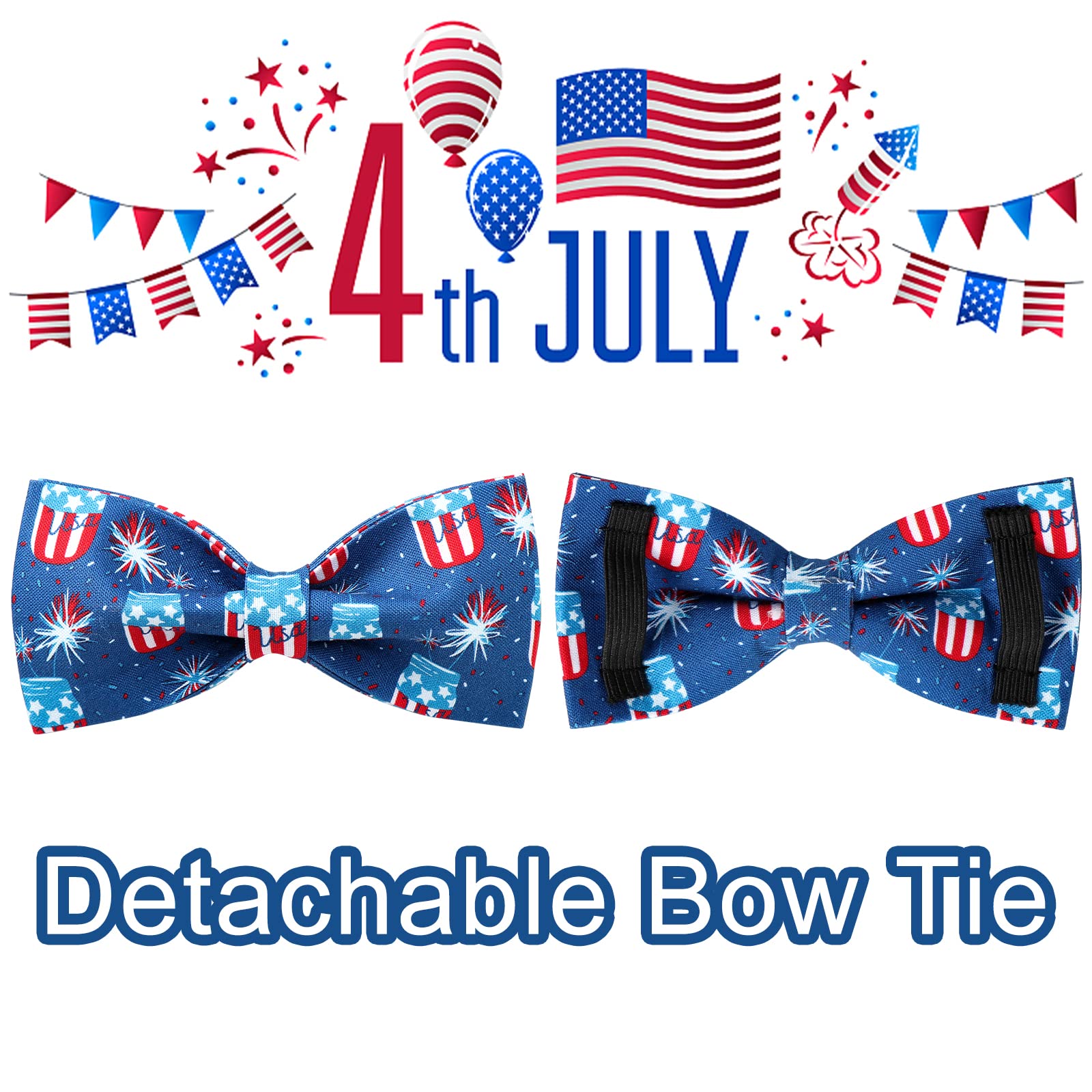 Up Urara Pup 4Th Of July Dog Collar With Bow Tie, Patriotic Bowtie Dog Collar, American Flag Collar For Large Boy Girl Dog, Comf