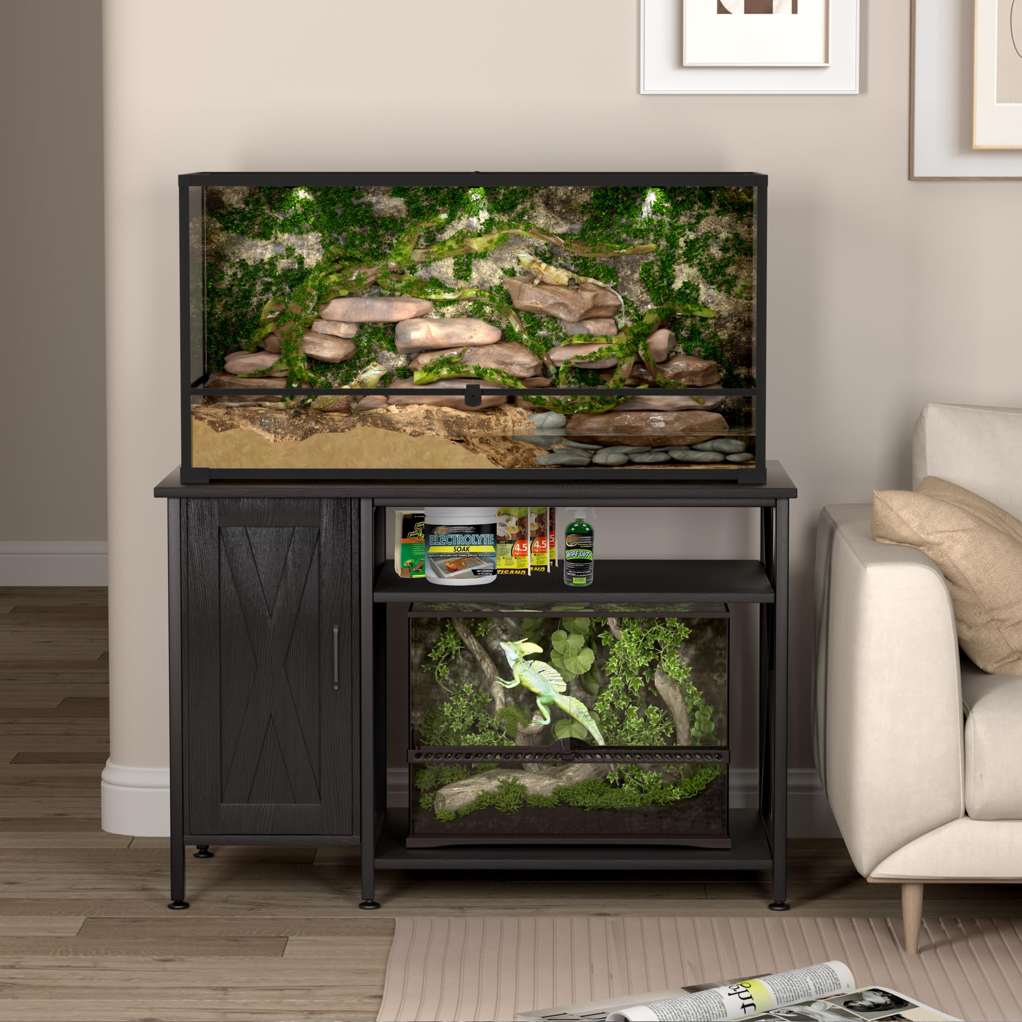 Herture Reptile Tank Stand with Power Outlet, 48"x24", 40-120 Gallon, Black, Model PG08XYB, Wood Terrarium Storage Cabinet