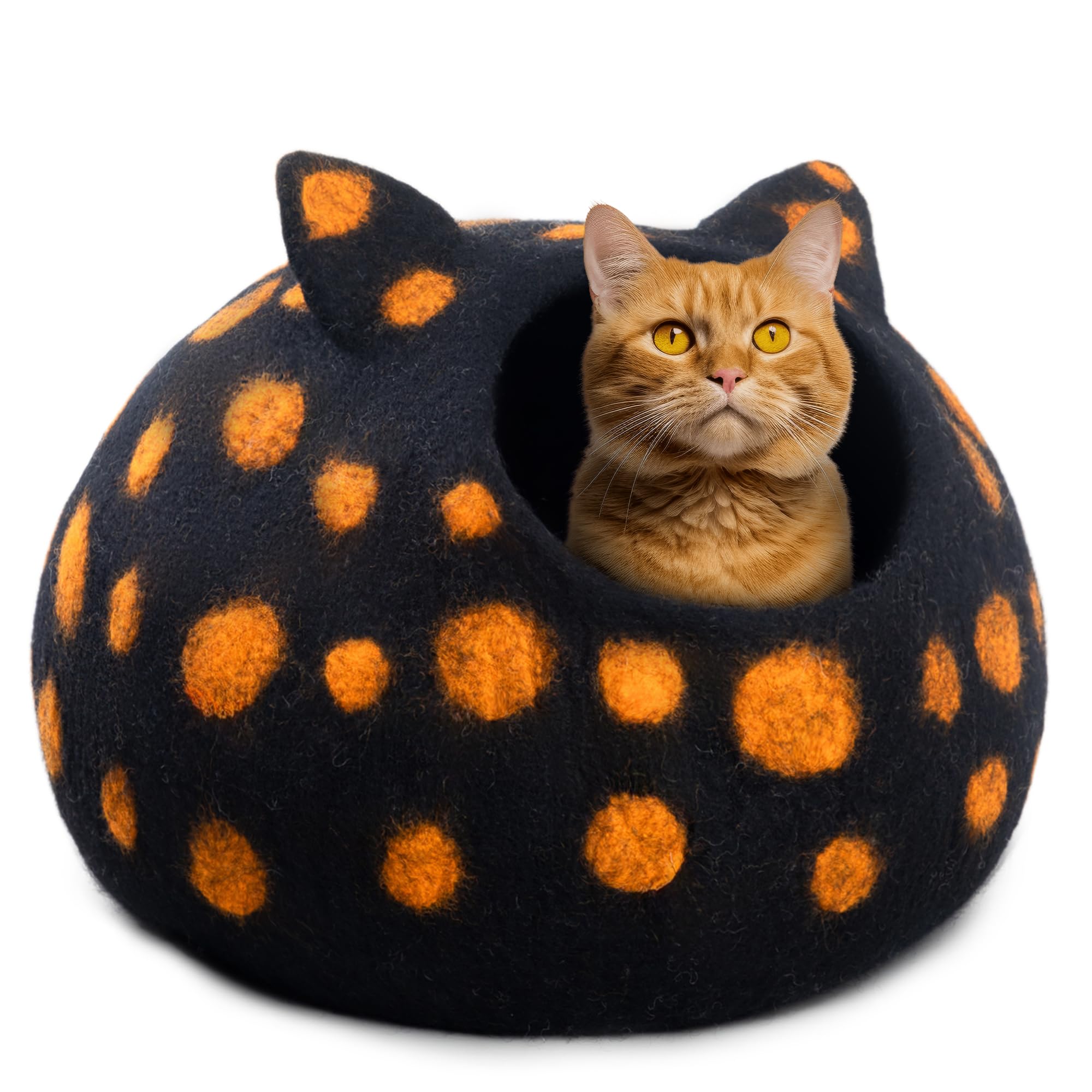 Woolygon Wool Cat Cave Bed - Handcrafted 100% Merino Wool, Eco-Friendly Felt Cat Cave For Indoor Cats And Kittens (Black Polka)