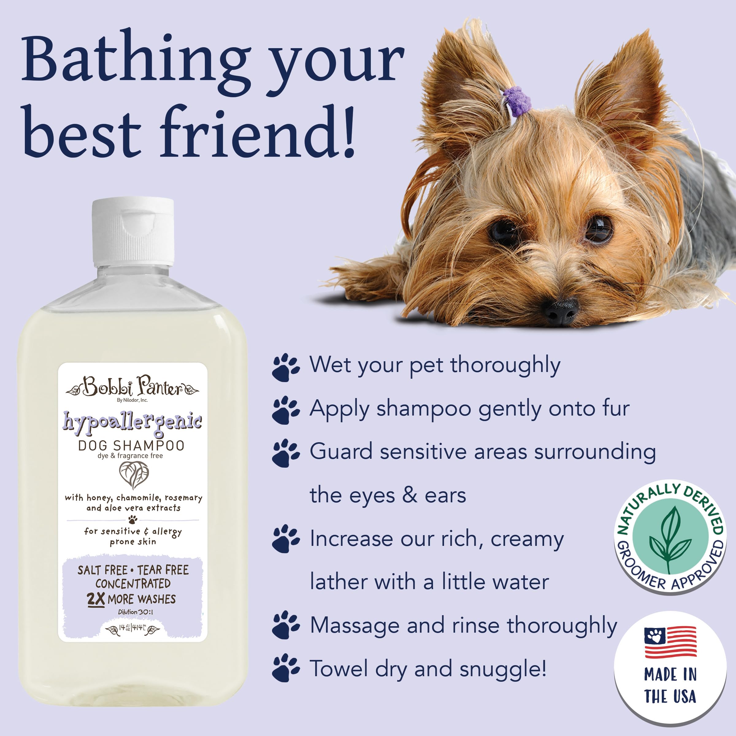 Bobbi Panter Hypoallergenic Dog Shampoo 14 Oz., Dye & Fragrance-Free, Paraben-Free, Ph Balanced, Tear-Free, Aloe Vera & Honey Ex