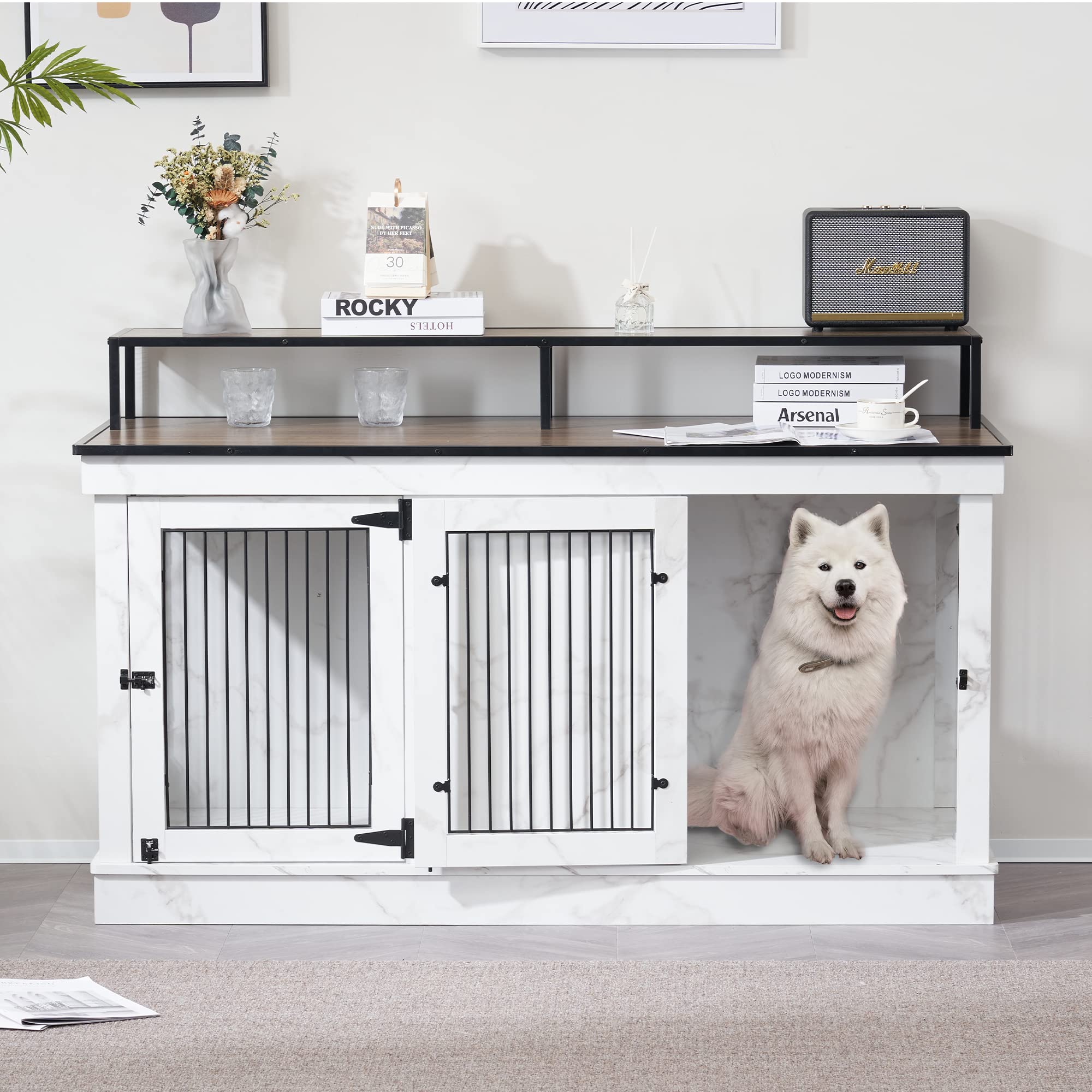 MCombo Large Dog Crate Furniture TV Stand, Wooden Pet Kennel with Double Doors, Indoor Furniture Style Dog House End Table, 1861