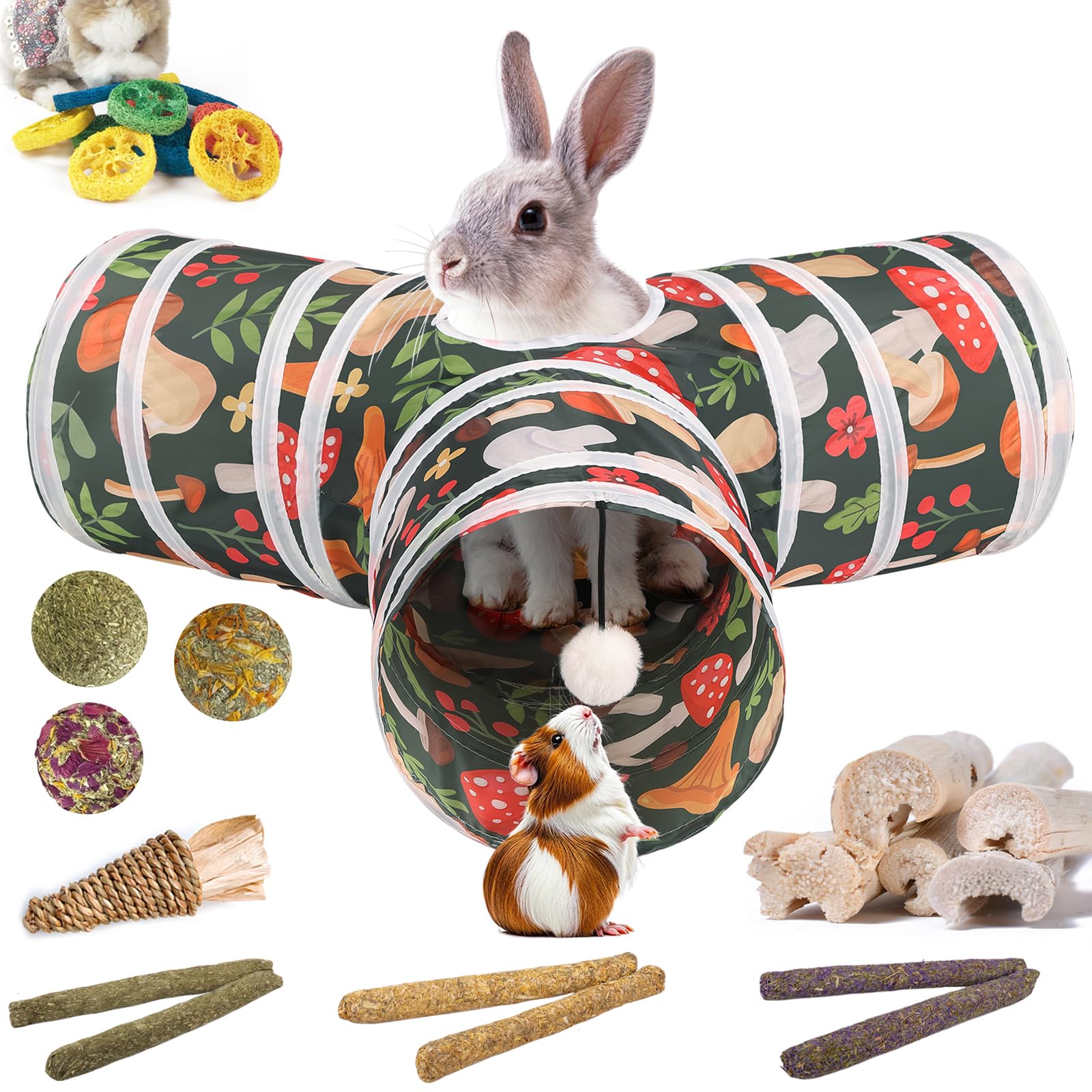 Mechpia Rabbit Toys, Bunny Tunnels and Tubes with Chew Toys for Grinding Teeth Bamboo Carrot Loofah and Grass Ball for Rabbit Gu