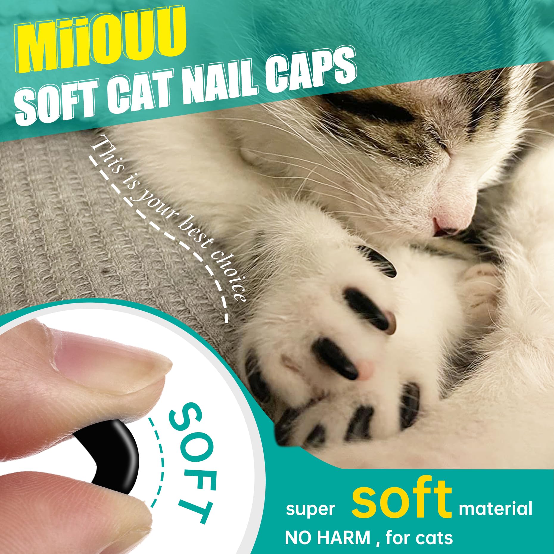 Miiouu 100 Pcs Cat Nail Caps | Cat Claw Covers With Adhesives And Applicators | Black (M)