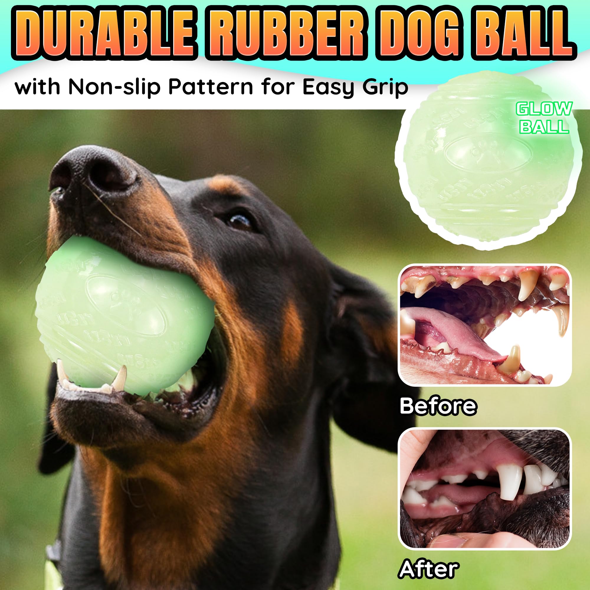 LECHONG Glow Squeaky Dog Balls - 4-Pack 3.5" Bouncy Rubber Fetch Balls for Medium & Large Dogs, Nighttime Play, M4-Glow