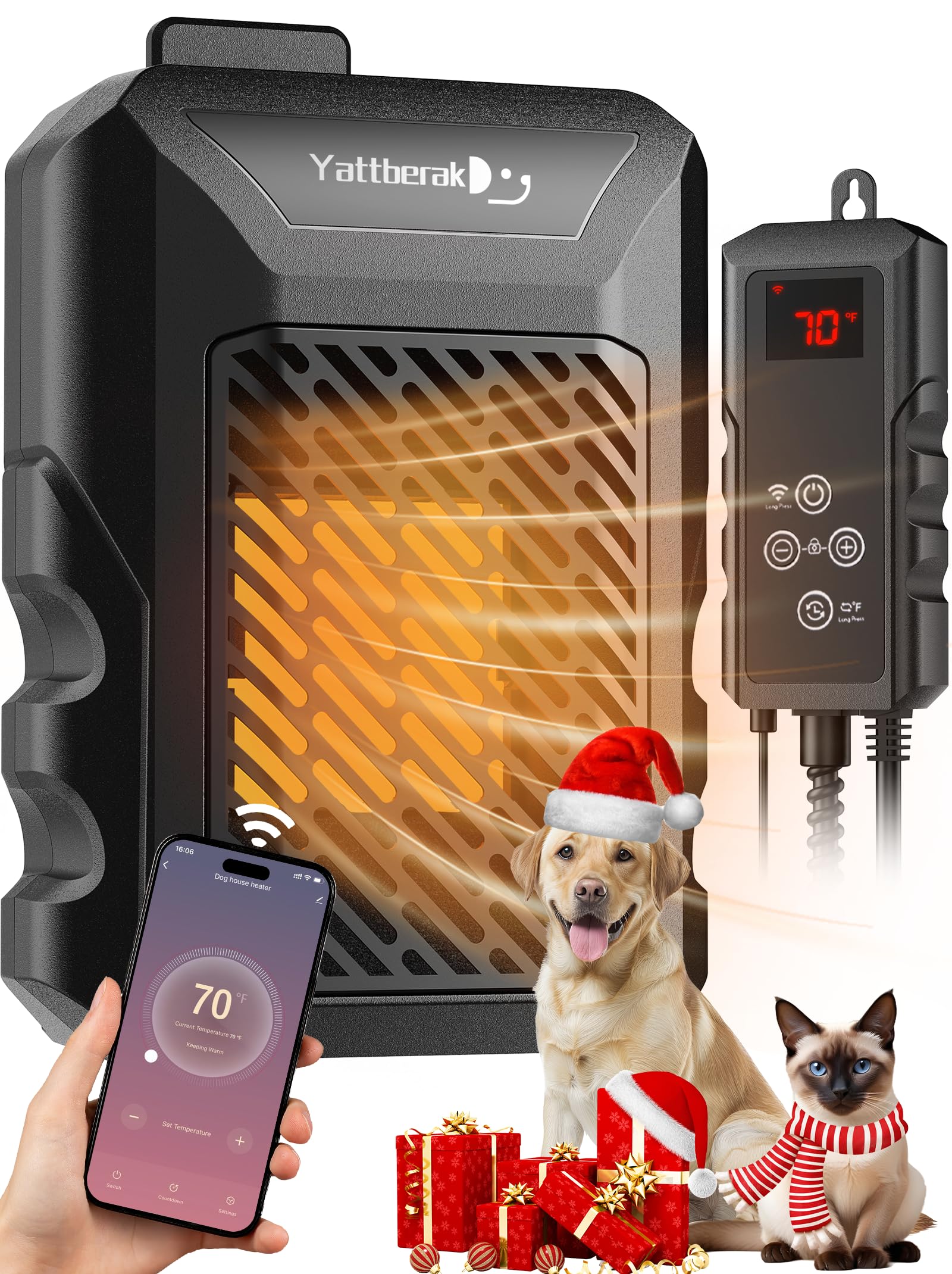 Dog House Heater,Pet House Heater With App Remote&Thermostat,41F/113F Adjustable Temp 24H Timer Outdoor Pet Safe Heaters,500W Ip