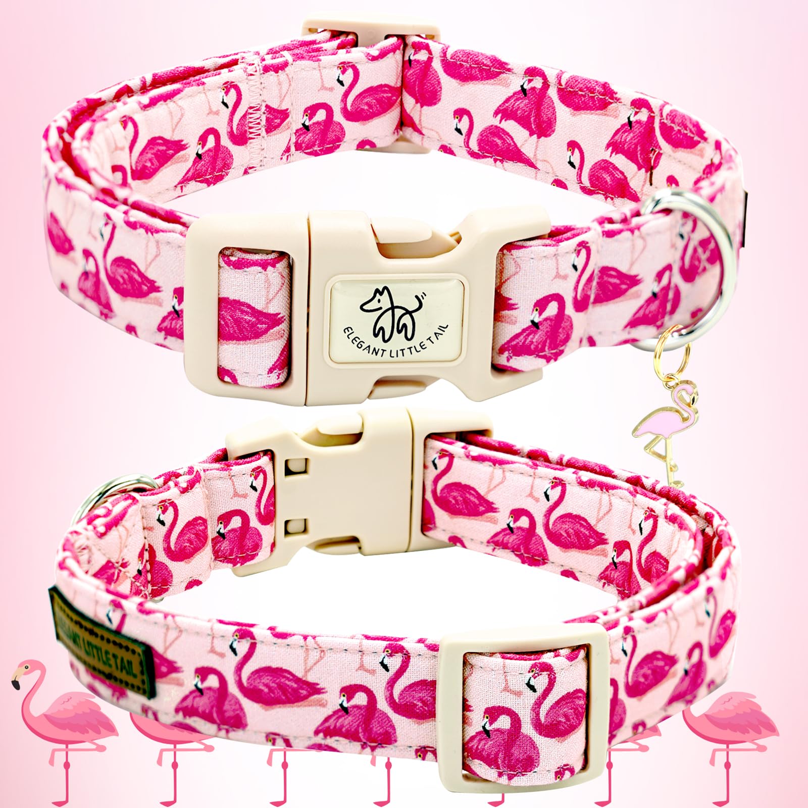 Elegant Little Tail Dog Collar-Cute Pet Dog Collar Pink Flamingos Print Cotton Soft Girl Puppy Adjustable Pet Collars For Small