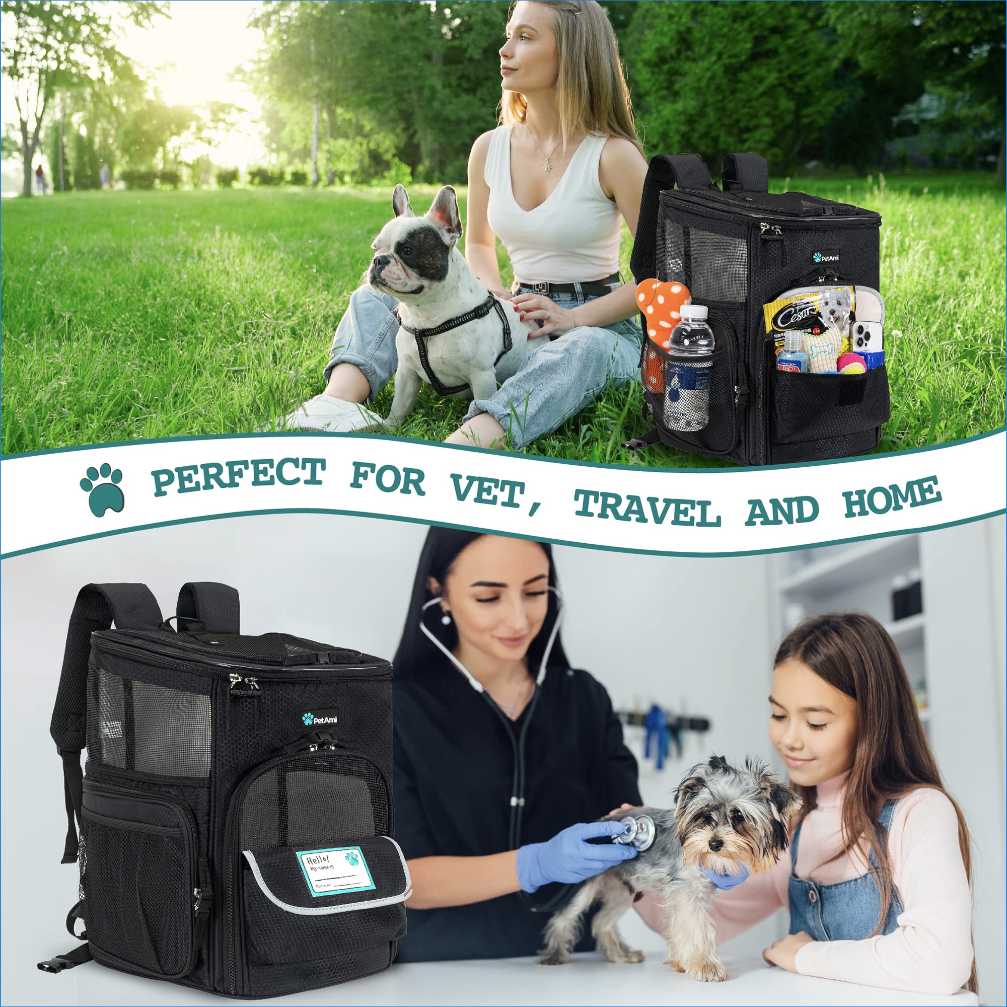 Petami Dog Backpack Carrier, Airline Approved Cat Backpacks For Carrying Small Large Cats, Pet Carrier Back Pack, Ventilated Soft Sided Dog Cat Bookbag For Travel, Hiking, Camping, Black
