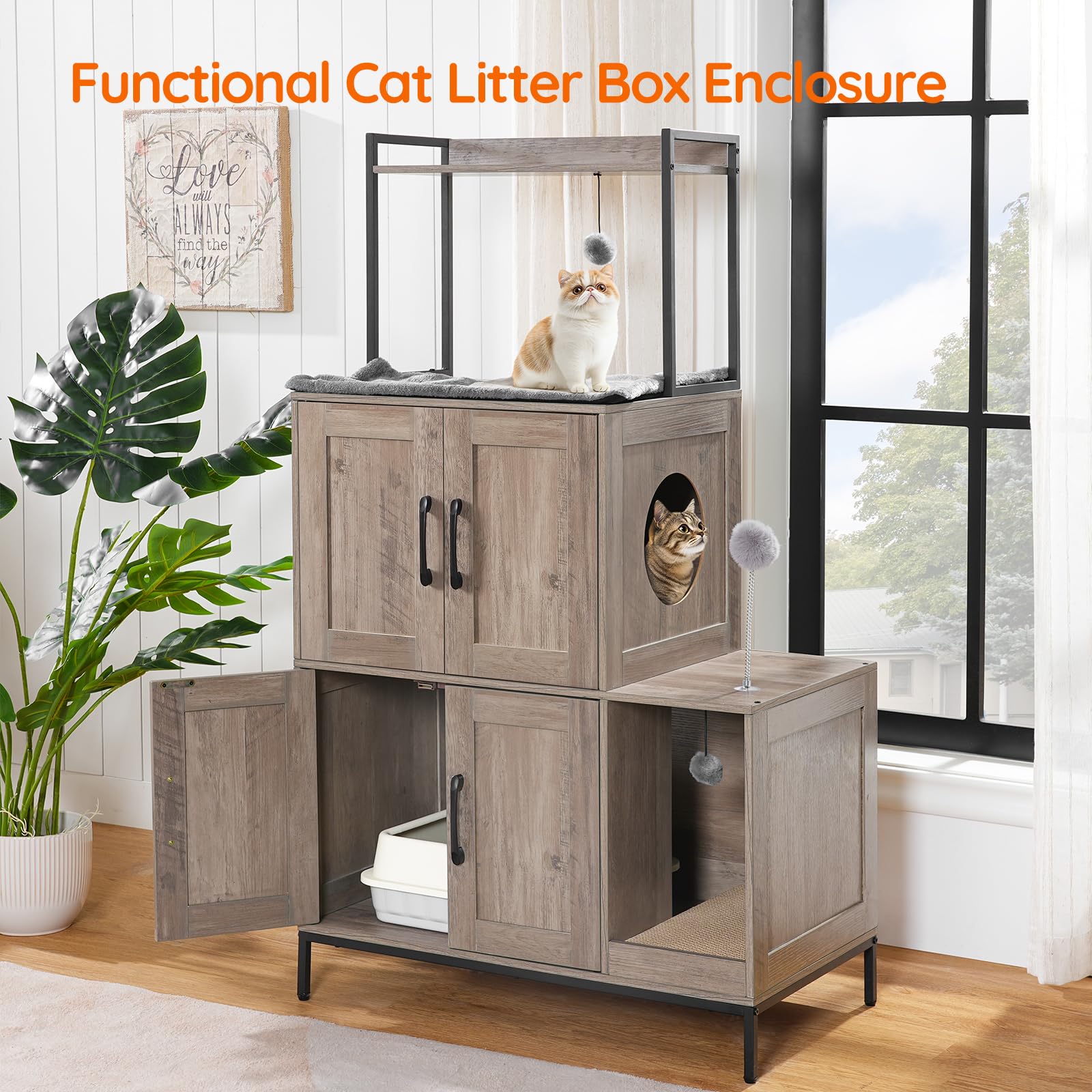 Hoobro Cat Litter Box Enclosure Furniture, 2 In 1 Hidden Litter Box Furniture With Shelf, Double Litter Box Cabinet With 2 Dangl