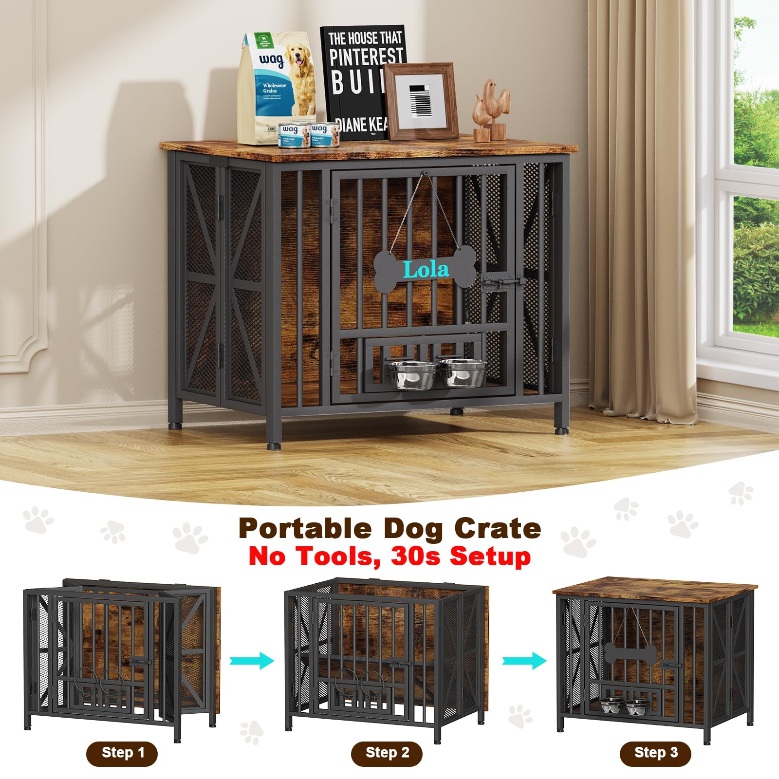 Easycom Dog Crate Furniture, 31.5 Assembly-Free Dog Crates for Small & Medium Dogs, Foldable Dog Kennel Indoor with Tag & Adjust