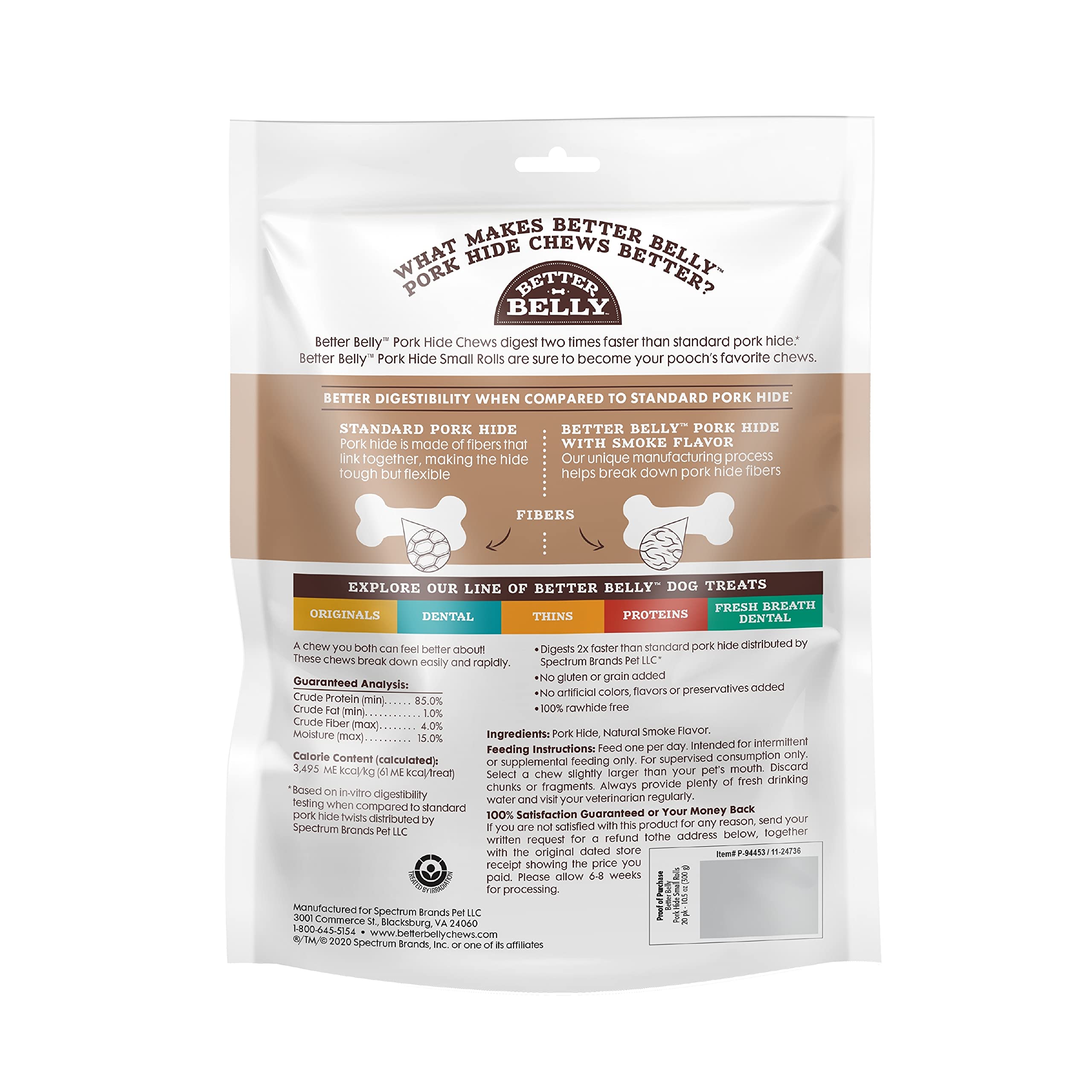 Better Belly Pork Hide Rolls with Smoke Flavor Small, 20 Count, Digestible Pork Hide for Dogs (P-94453)