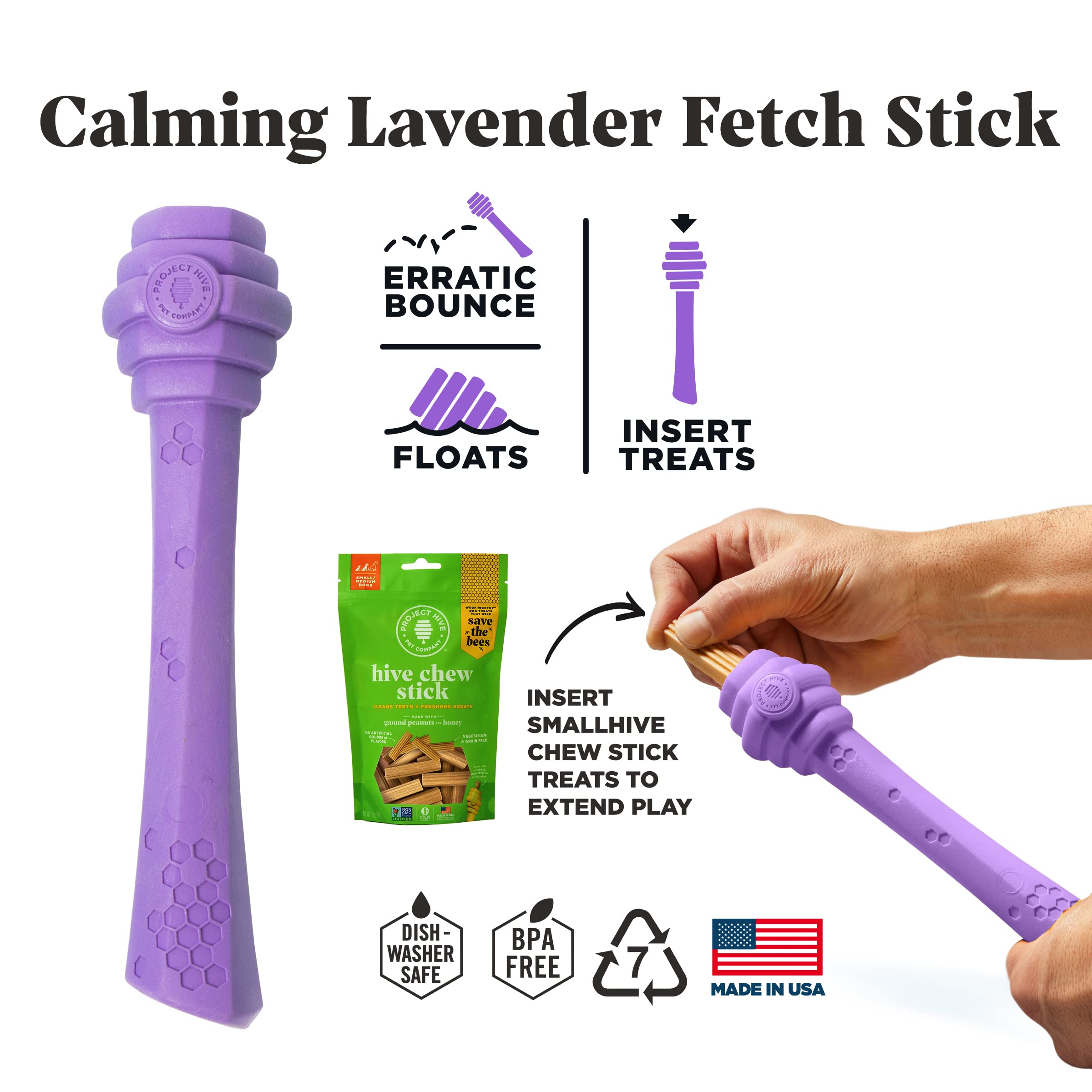 Project Hive ·Pet Company· - Calming Lavender Scented - Hive Dog Fetch Stick For Large Breeds - Dog Stick Toy - Floats In Water - Treat Dispenser Toy - Durable And Tough - Made In The Usa