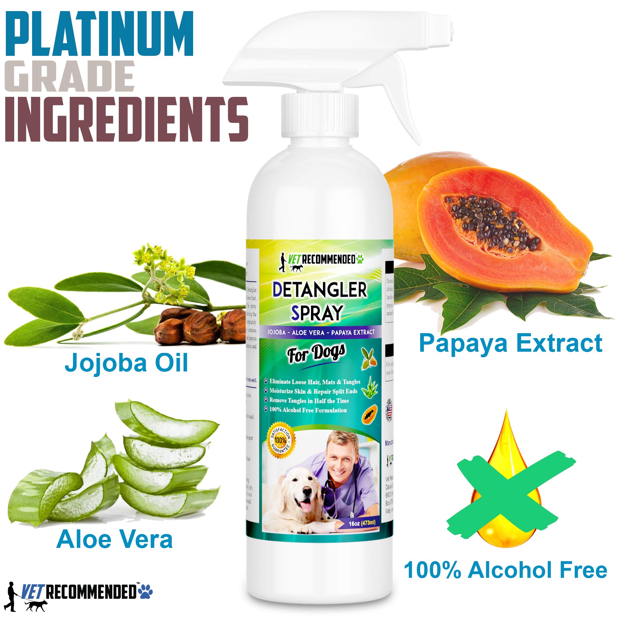 Vet Recommended Dog Detangler Spray & Conditioner – Made From Fresh Natural Extracts Of Papaya, Jojoba & Aloe Vera | Eliminate Loose Hair, Remove Matts And Rejuvenate Coat | Made In Usa | 16 Oz