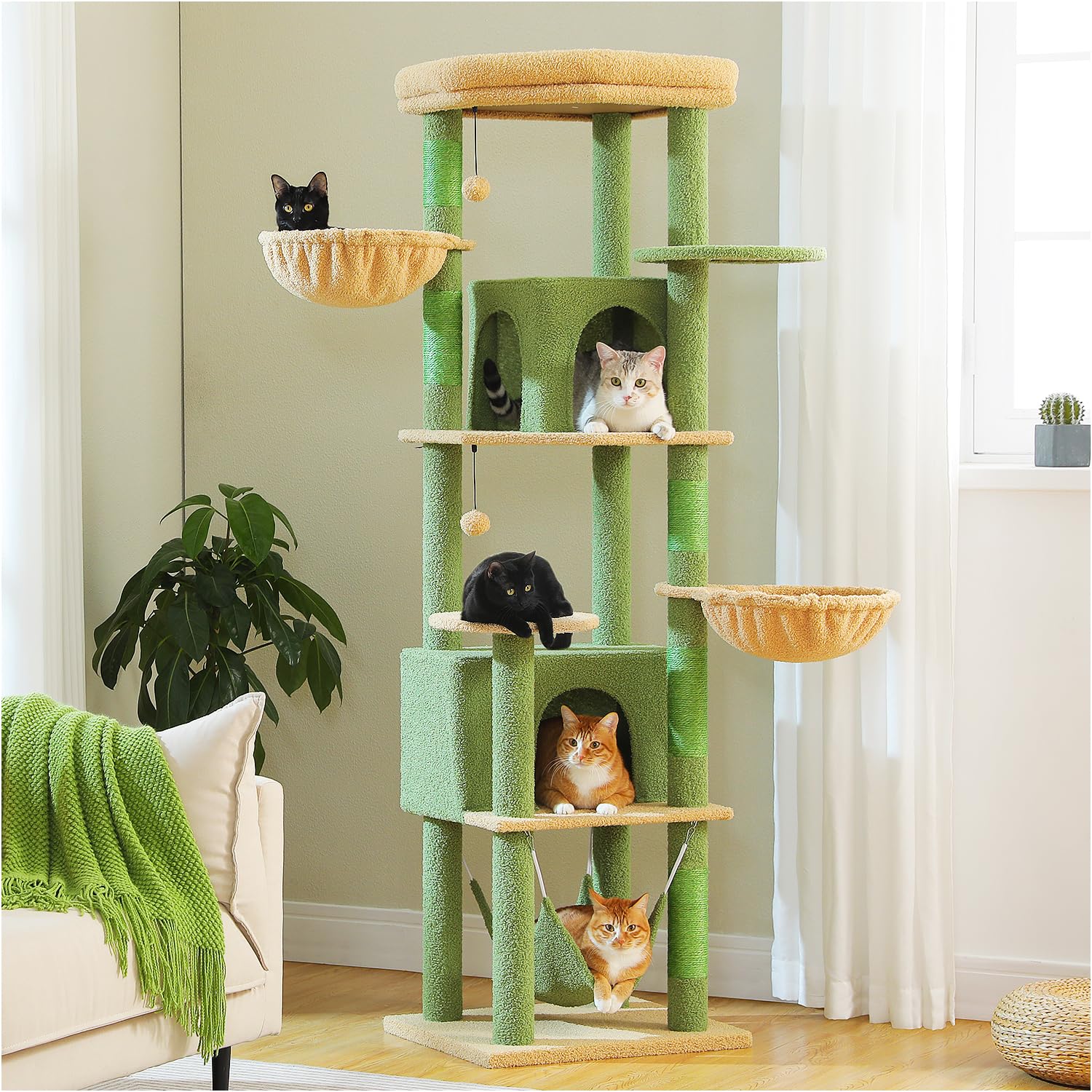 Pawz Road Tall Cat Tower, 70 Inch Cat Tree With Hammock, 5 Scratching Posts, 2 Condos And A Large Top Perches For Large Cats-Cac