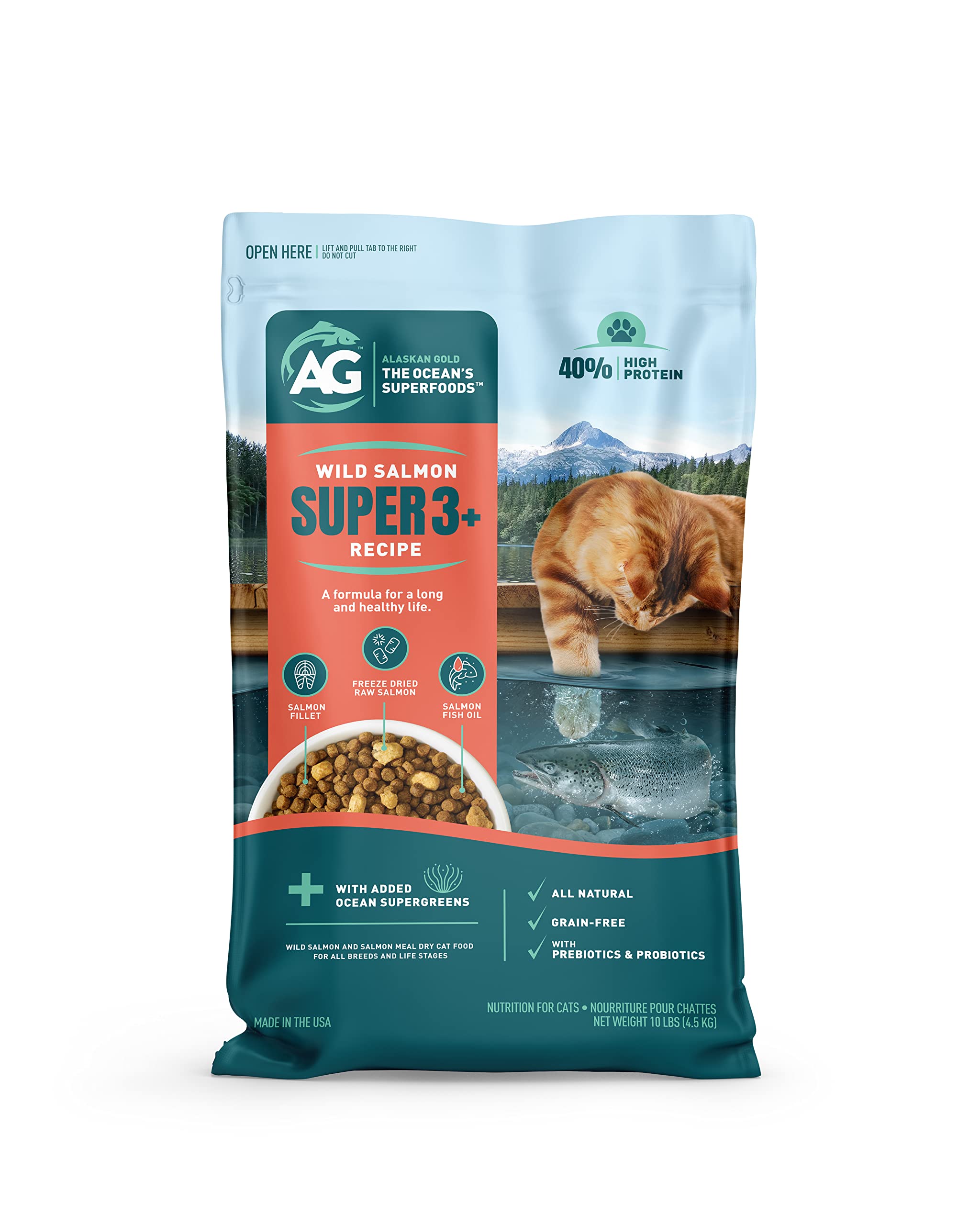Alaskan Gold SUPER3+ All-Salmon Freeze-Dried Raw Dry Cat Food, Fortified with Omega Fish Oil, High-Protein, Grain-Free, Allergy 