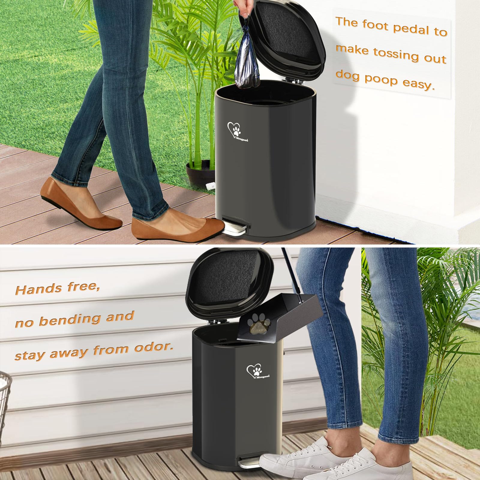 Meegood Dog Poop Trash Can Outside, Waste Bin with Lid and Removable Inner,Metal Rake Pooper Scoope,Odor Control for Indoor/Outd