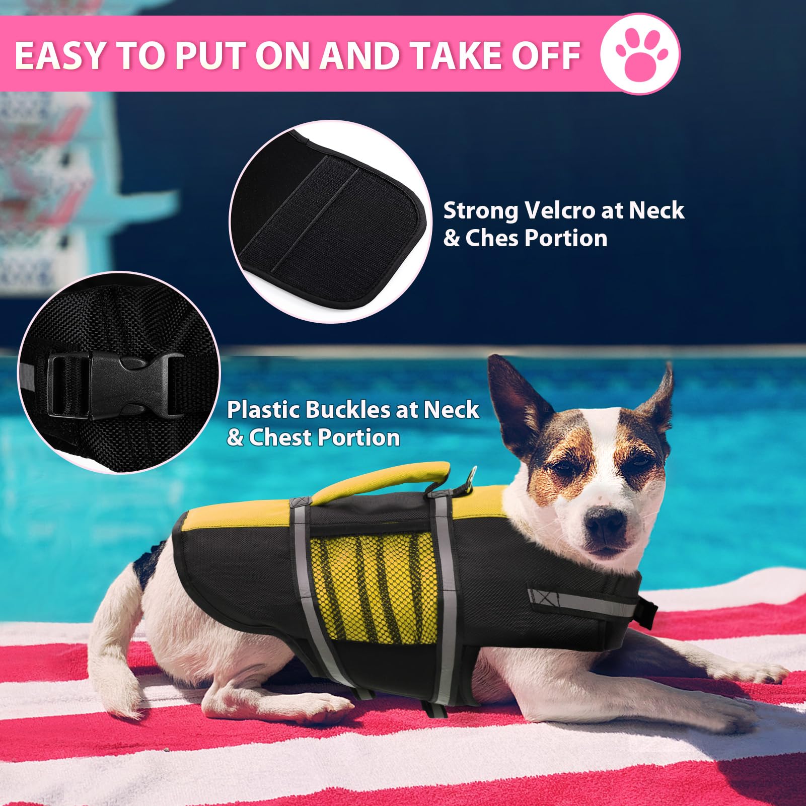 Queenmore Dog Life Jacket Lifesaver Preserver High Buoyancy With Emergency Grab Handle For Small & Medium Dogs Brightyellow, Lar