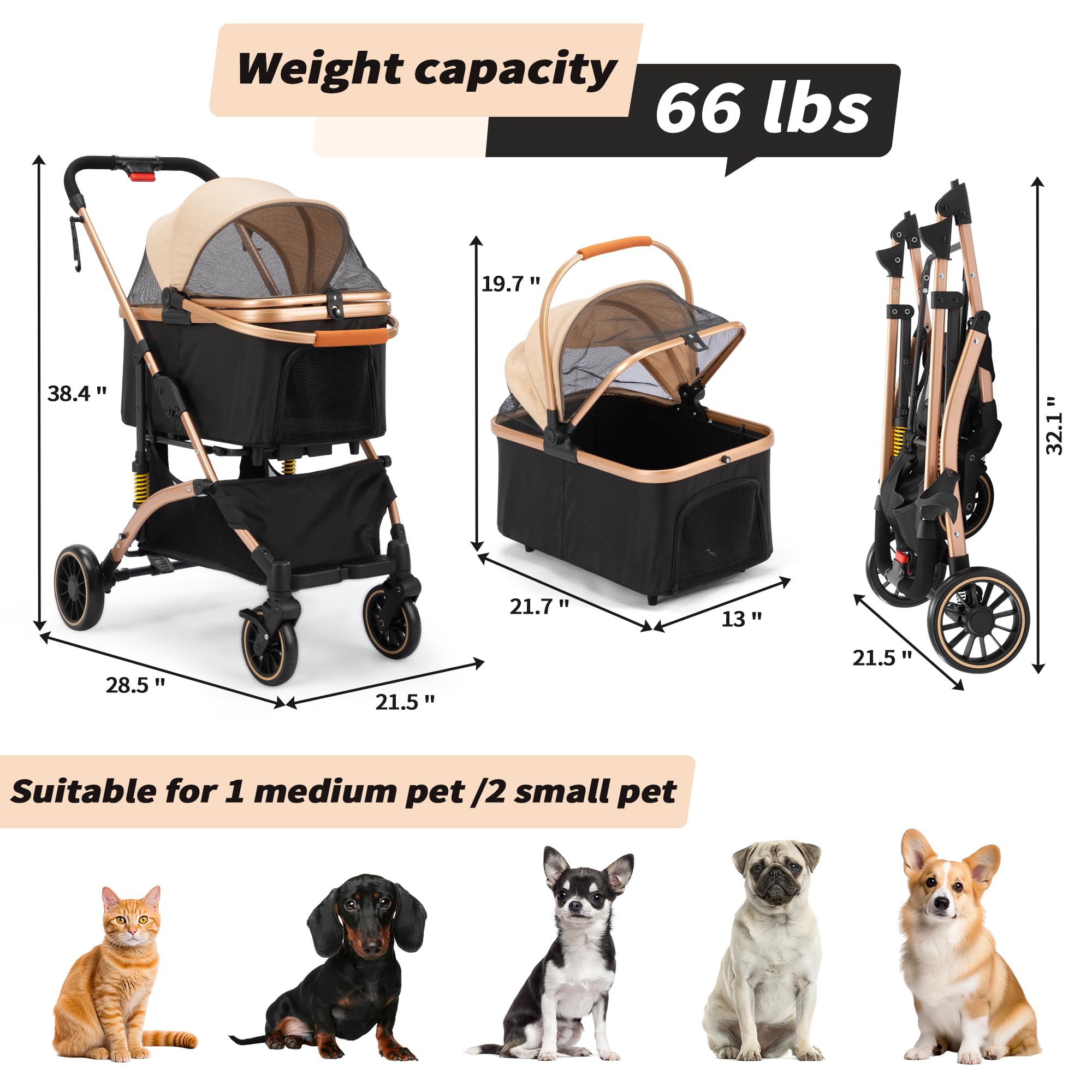 Coziwow 4-Wheel Premium 3-In-1 Foldable Pet Stroller For Small Medium Dogs With Detachable Carrier, Jogging Cat Travel, Black +