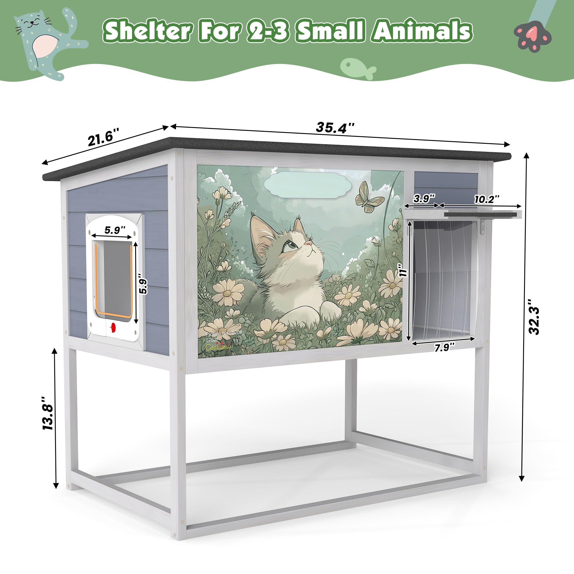 Outdoor Cat House Raised Wood Cat Enclosure With Openable Roof, Curtained Door, Escape Door, Weatherproof Pet Condo For Feral Ca