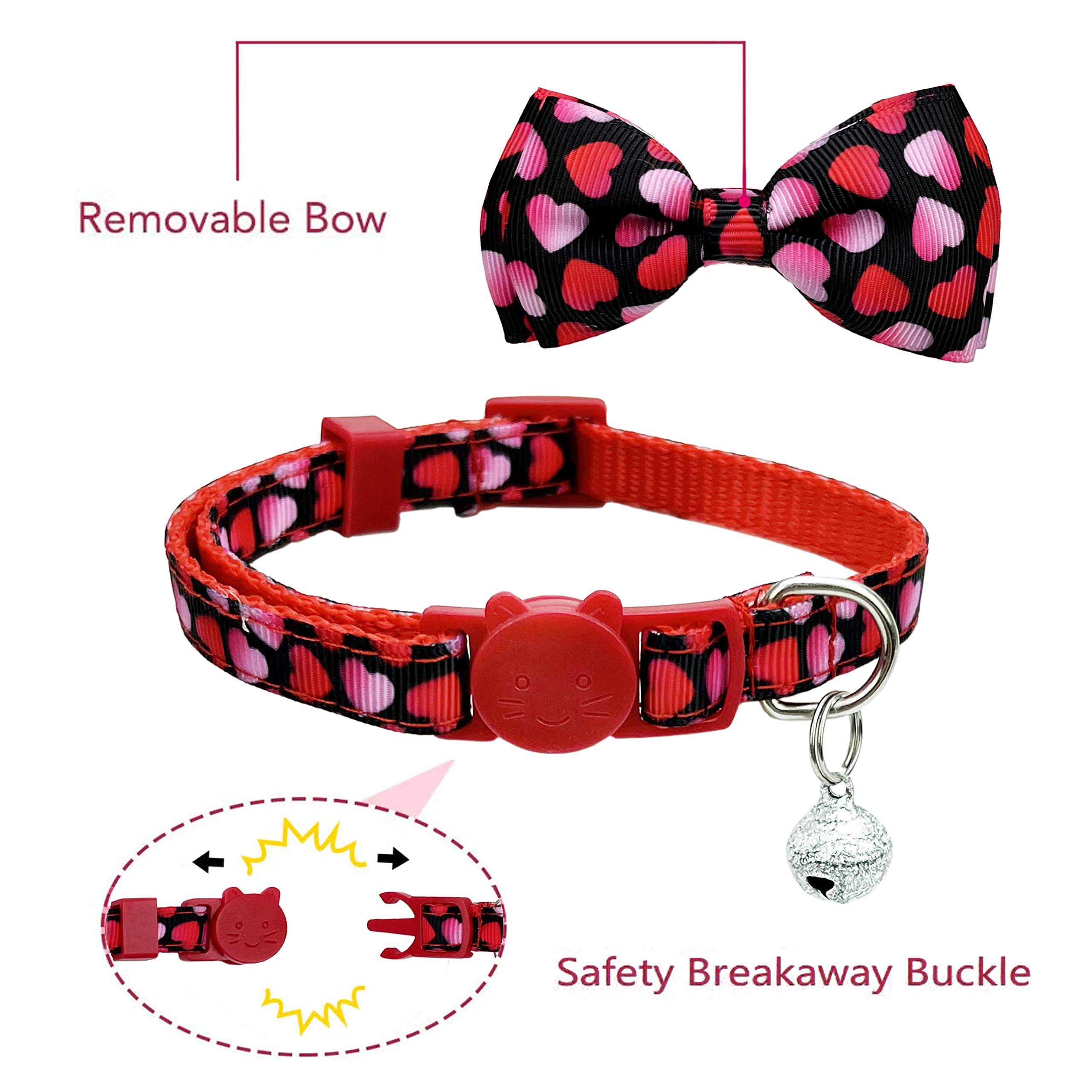 Pohshido 2 Pack Valentine Kitty Kitten Collar With Bow Tie, Holiday Heart Collar With Bell For Boys And Girls Male Female Cats (Pattern 1)