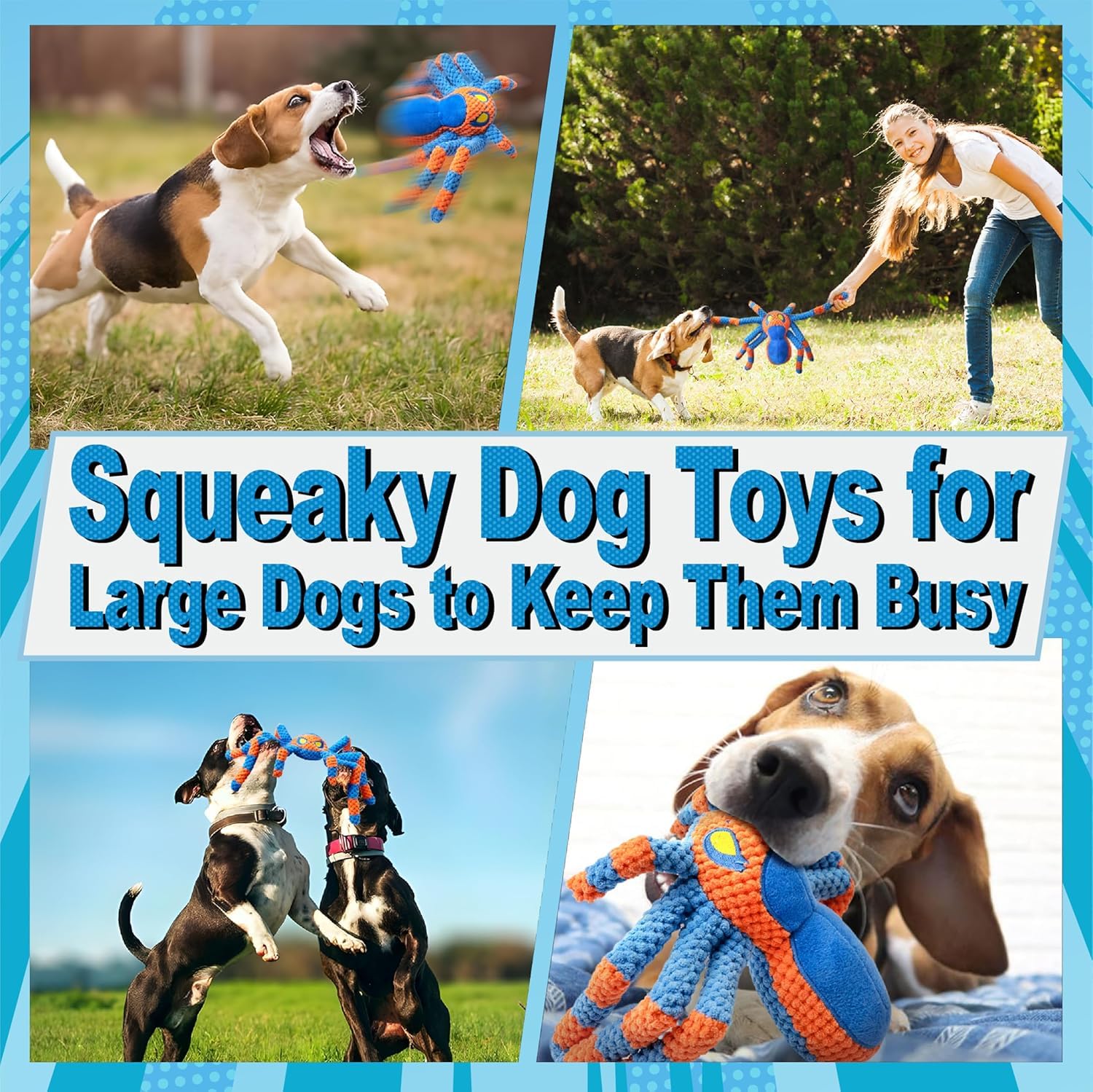 LEGEND SANDY Large Dog Toys for Aggressive Chewers - Interactive Squeaky & Crinkle Tug Toy in Blue Spider
