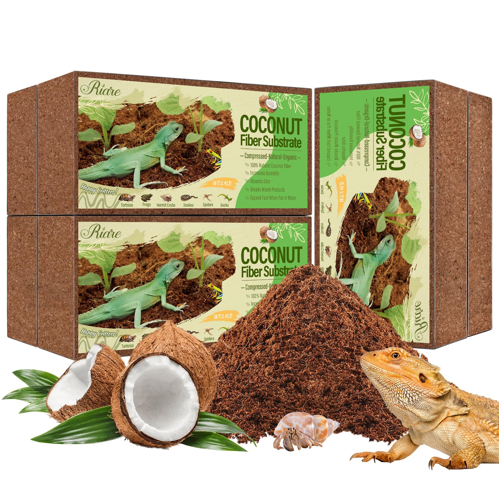 Riare 6 Pack Natural Coconut Fiber Substrate For Reptile- Premium Compressed Coconut Husk Terrarium Bedding For Reptile, Tortois