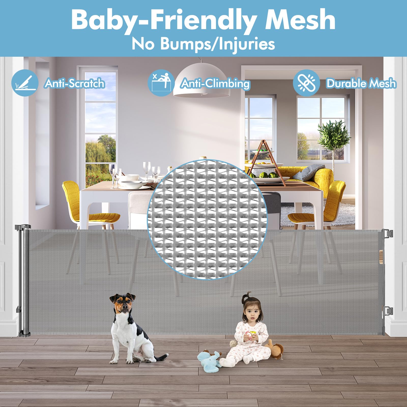 75 Inch Retractable Baby & Dog Gate - Wide & Extra Large Openings, Indoor & Outdoor Use, Gray