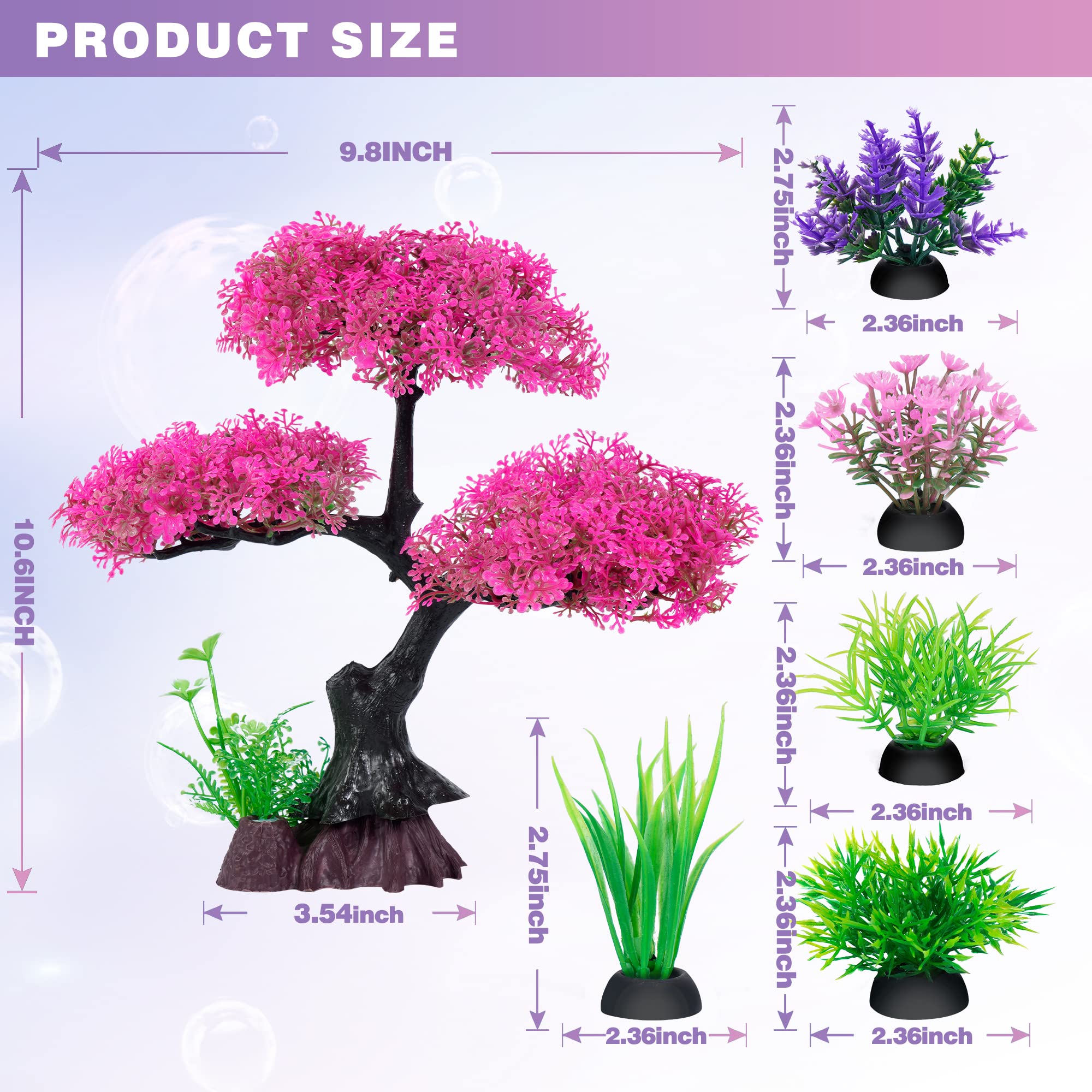 Ameliade Aquarium Artificial Plastic Plants Decoration, Pink Cherry Blossom Tree & Grass Aquarium Decor Set, Goldfish Betta Fish Tank Decorations Hides Accessories(Pink