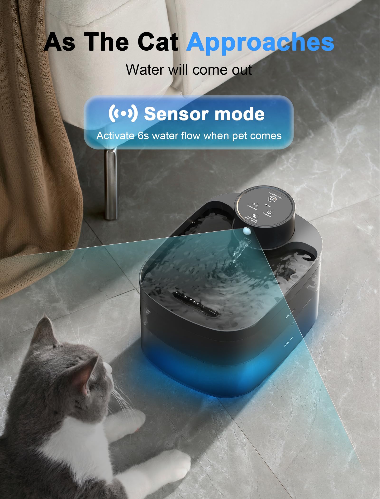 Battery Operated Cat Water Fountain, 84Oz/2.5L Wireless Pet Water Fountain For Cats Indoor, Cat Fountain With Motion Sensor, Ult